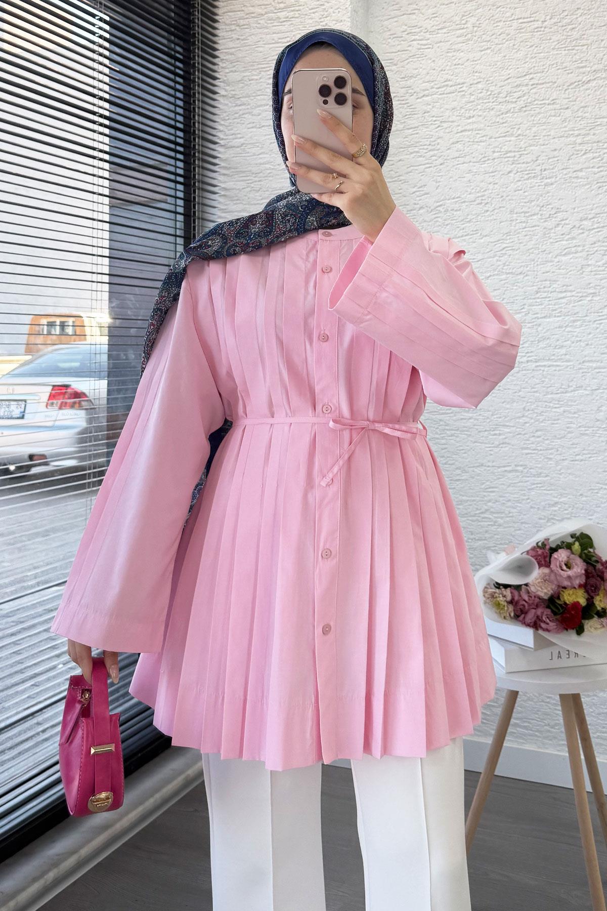 Volan Kol Nervür Detaylı Poplin Tunik – Pembe