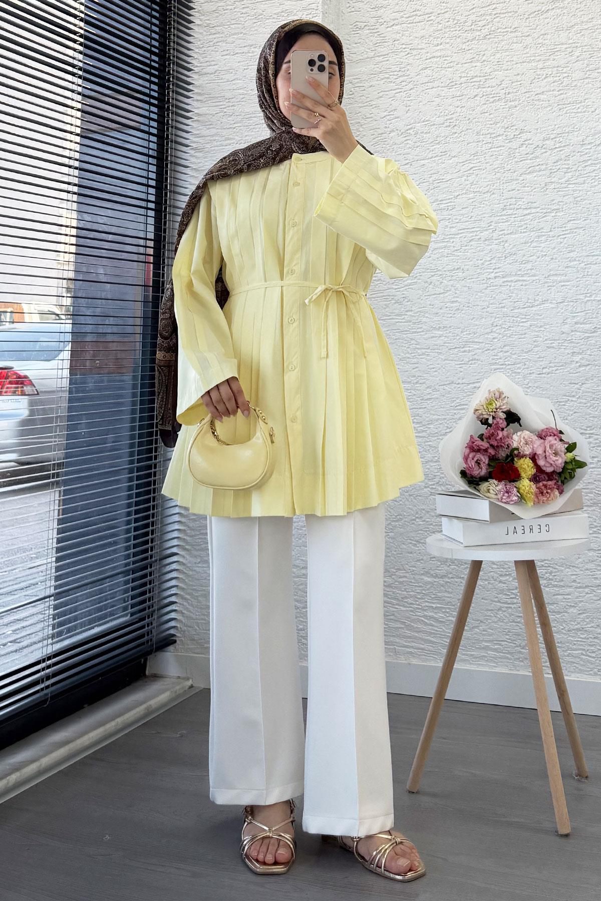 Volan Kol Nervür Detaylı Poplin Tunik – Sarı