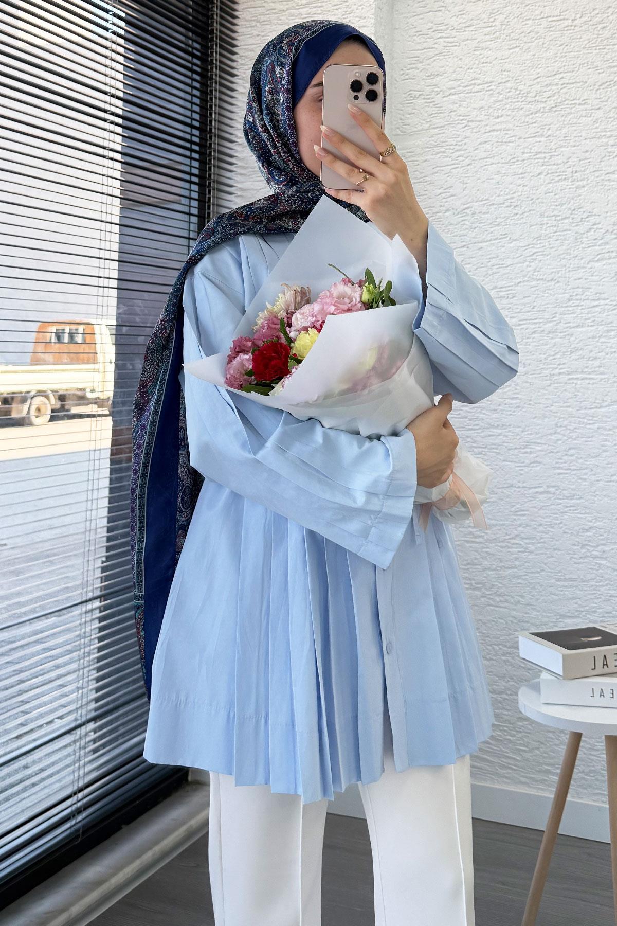 Volan Kol Nervür Detaylı Poplin Tunik – Mavi