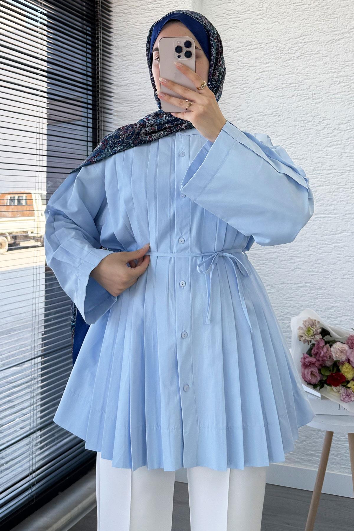 Volan Kol Nervür Detaylı Poplin Tunik – Mavi