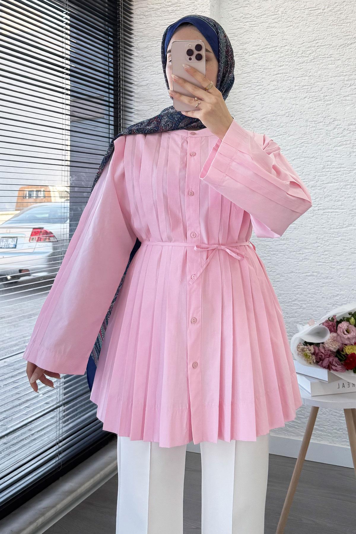 Volan Kol Nervür Detaylı Poplin Tunik – Pembe