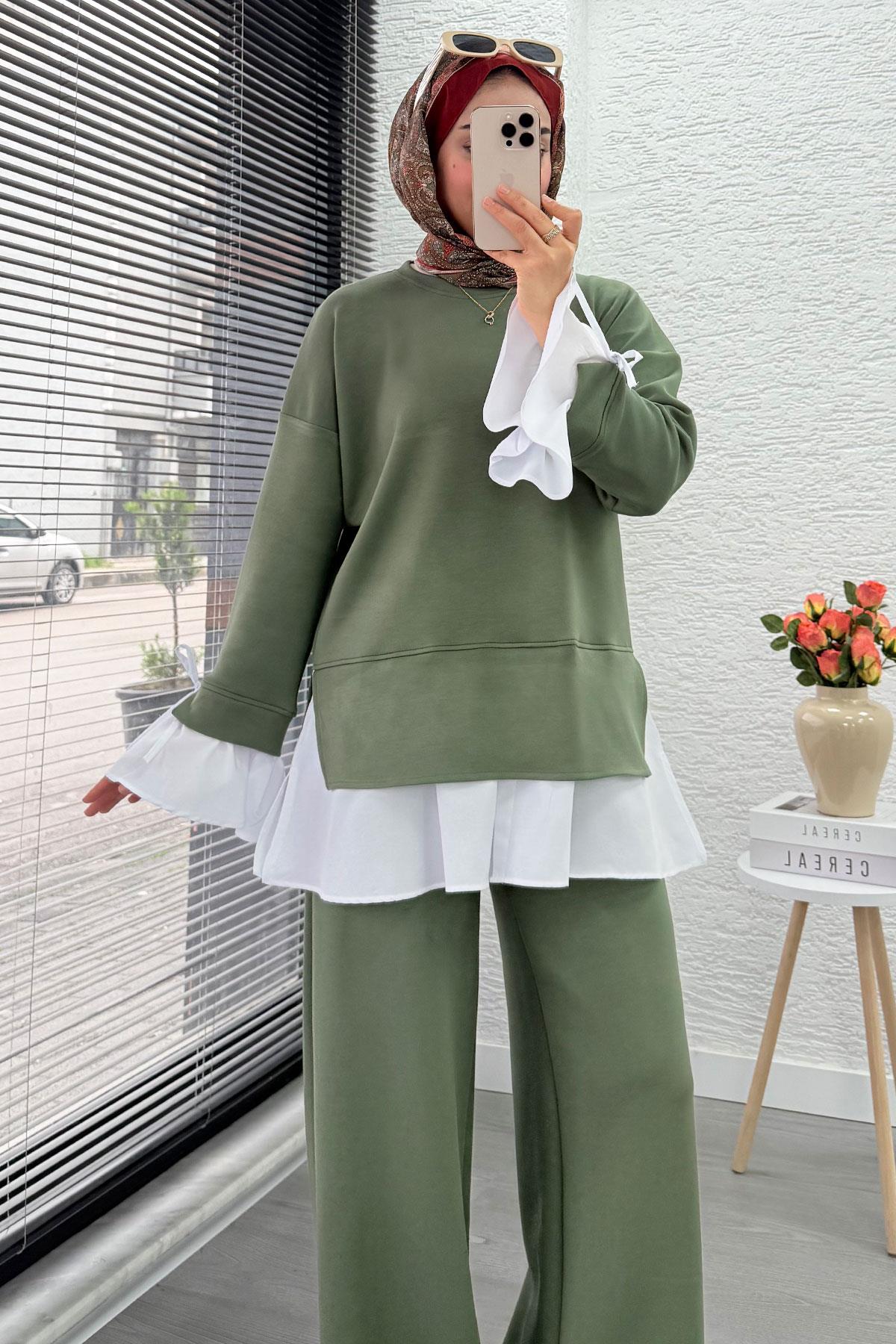 Volan Kollu Gömlek Detaylı Kadın İkili Takım - Haki