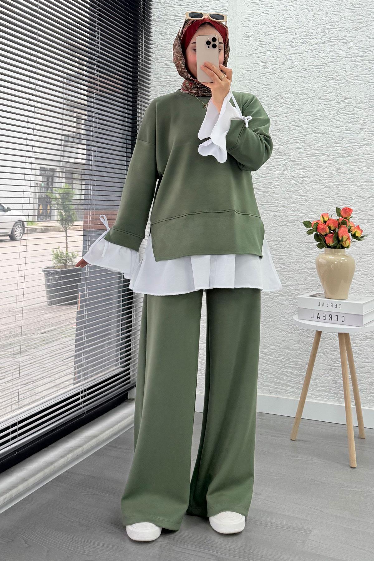 Volan Kollu Gömlek Detaylı Kadın İkili Takım - Haki