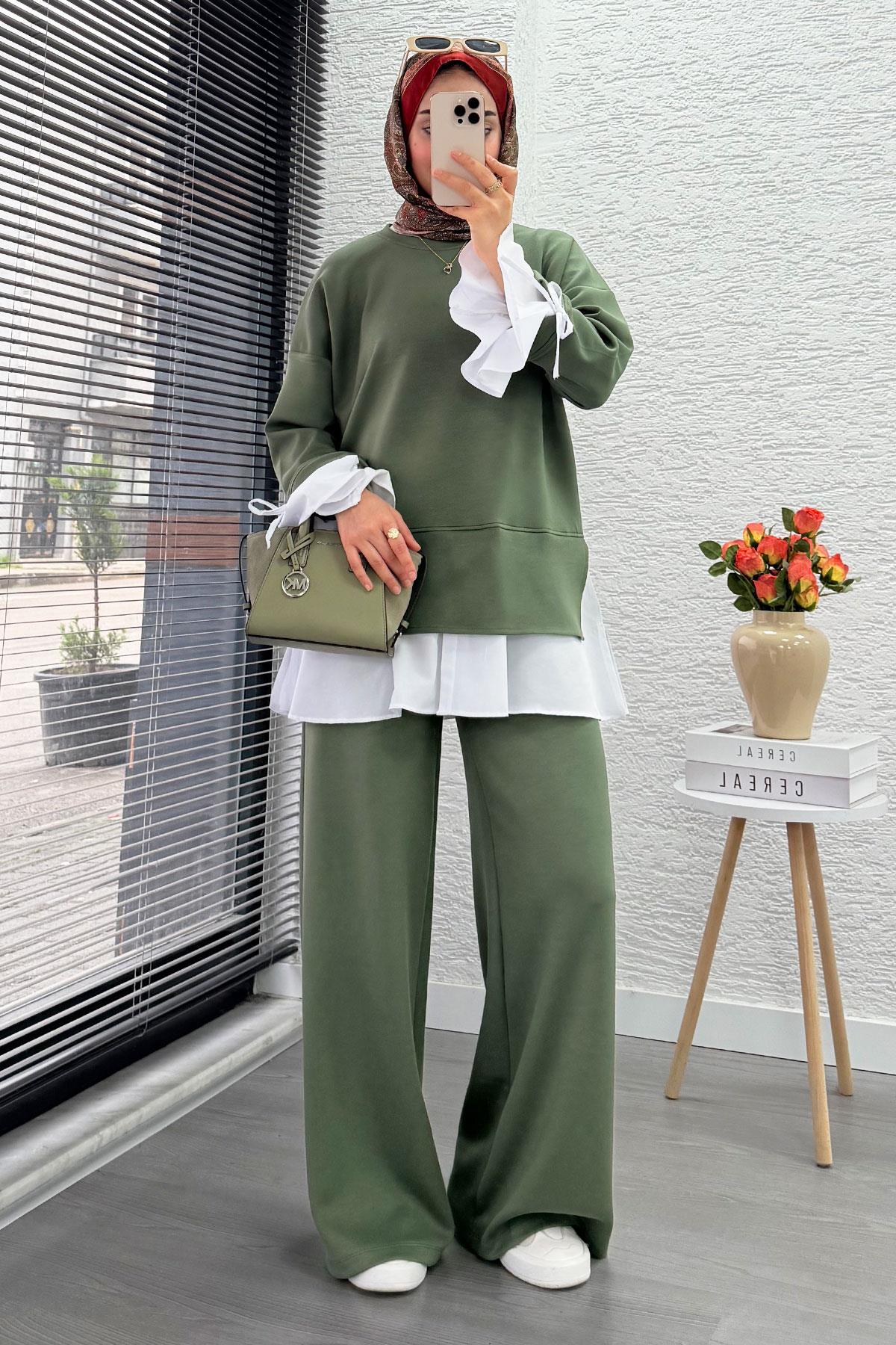 Volan Kollu Gömlek Detaylı Kadın İkili Takım - Haki