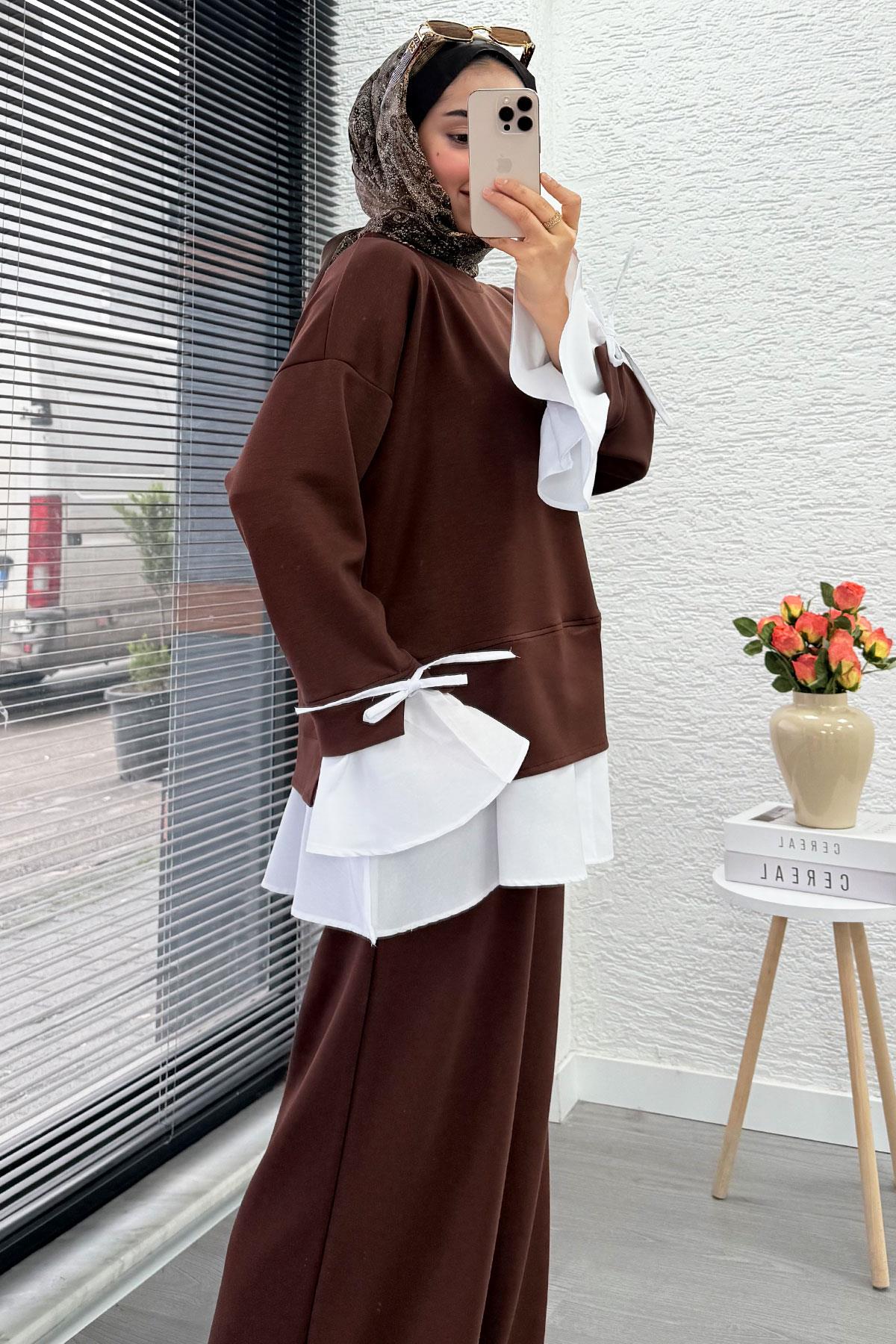 Volan Kollu Gömlek Detaylı Kadın İkili Takım - Kahverengi