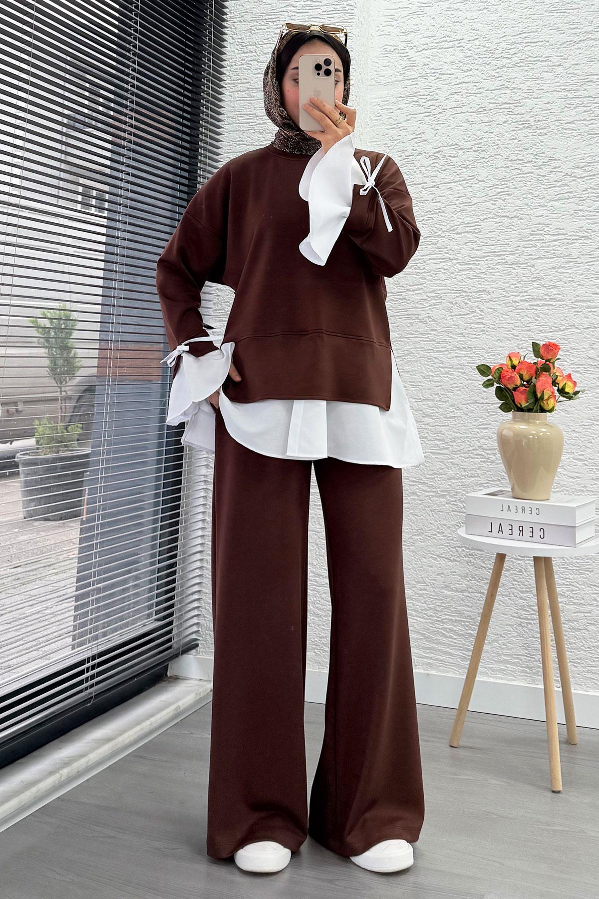 Volan Kollu Gömlek Detaylı Kadın İkili Takım - Kahverengi