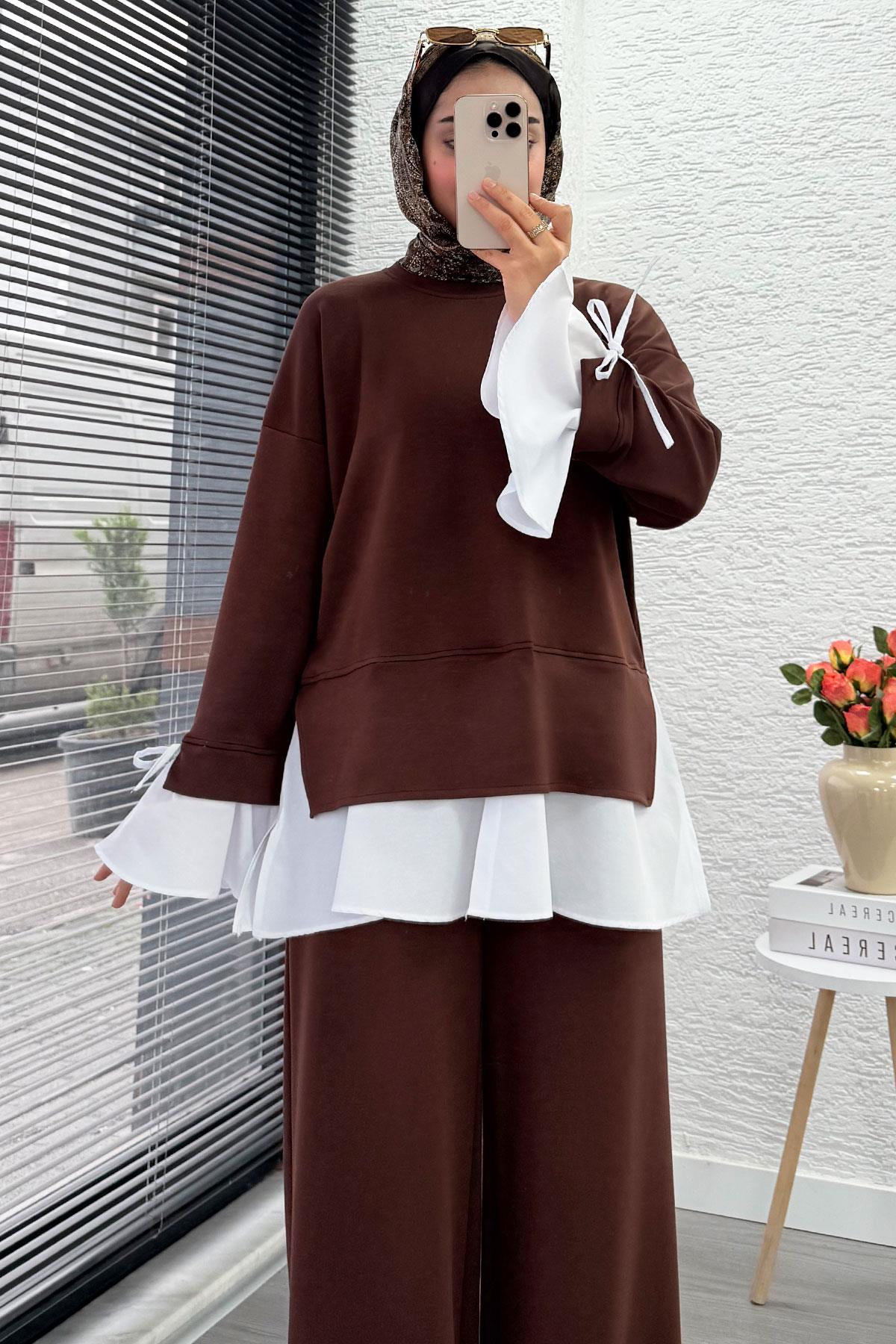 Volan Kollu Gömlek Detaylı Kadın İkili Takım - Kahverengi