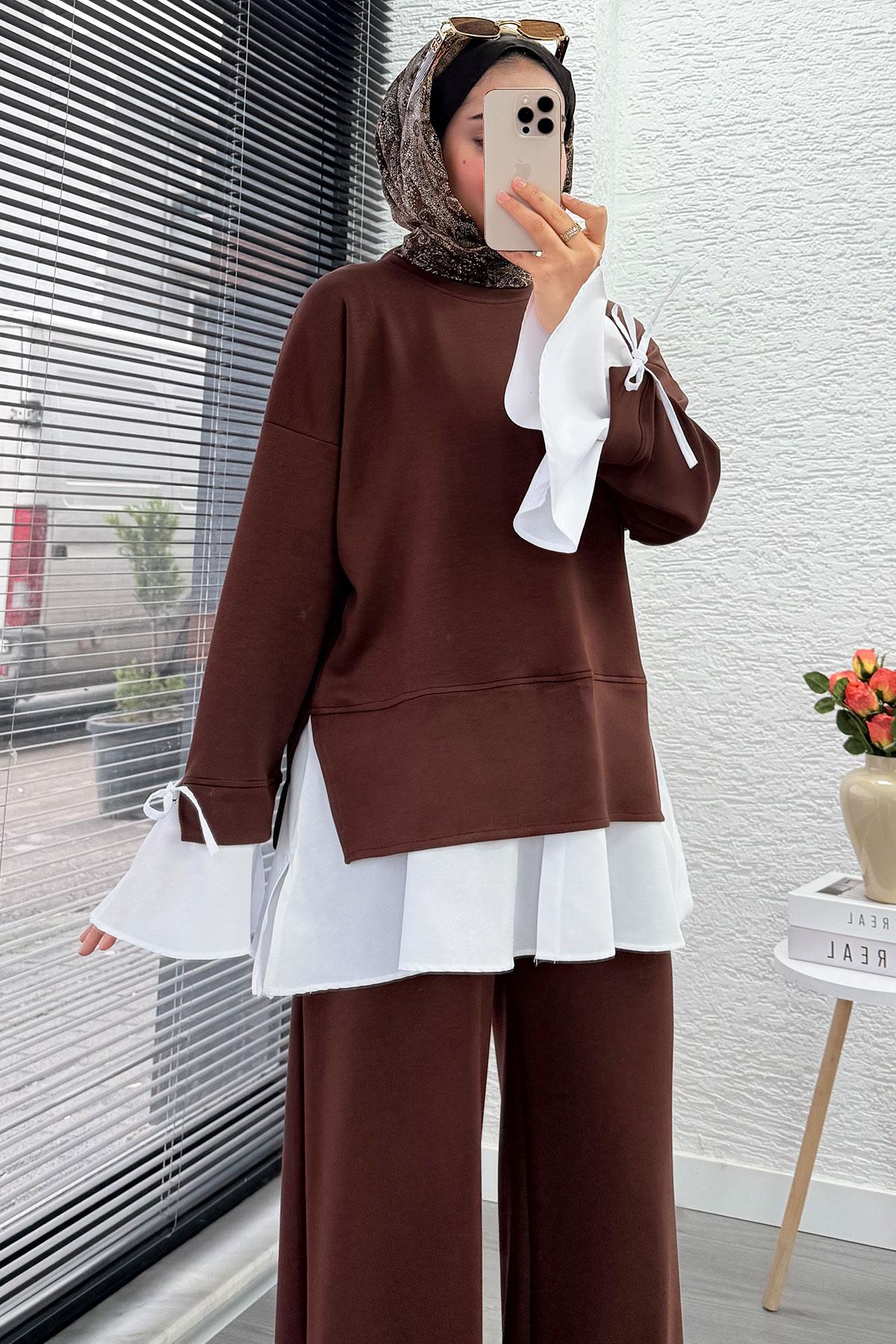 Volan Kollu Gömlek Detaylı Kadın İkili Takım - Kahverengi