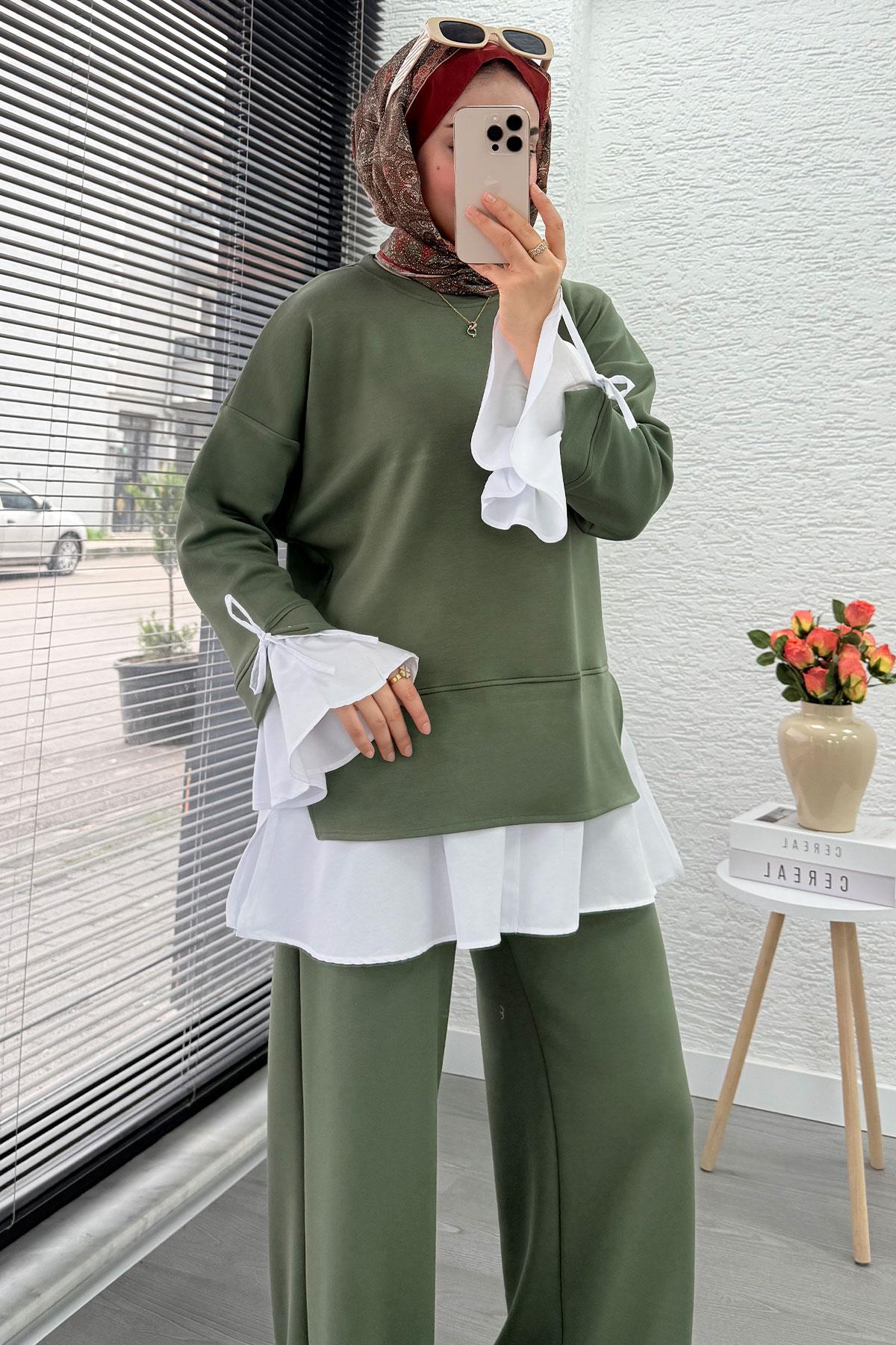 Volan Kollu Gömlek Detaylı Kadın İkili Takım - Haki