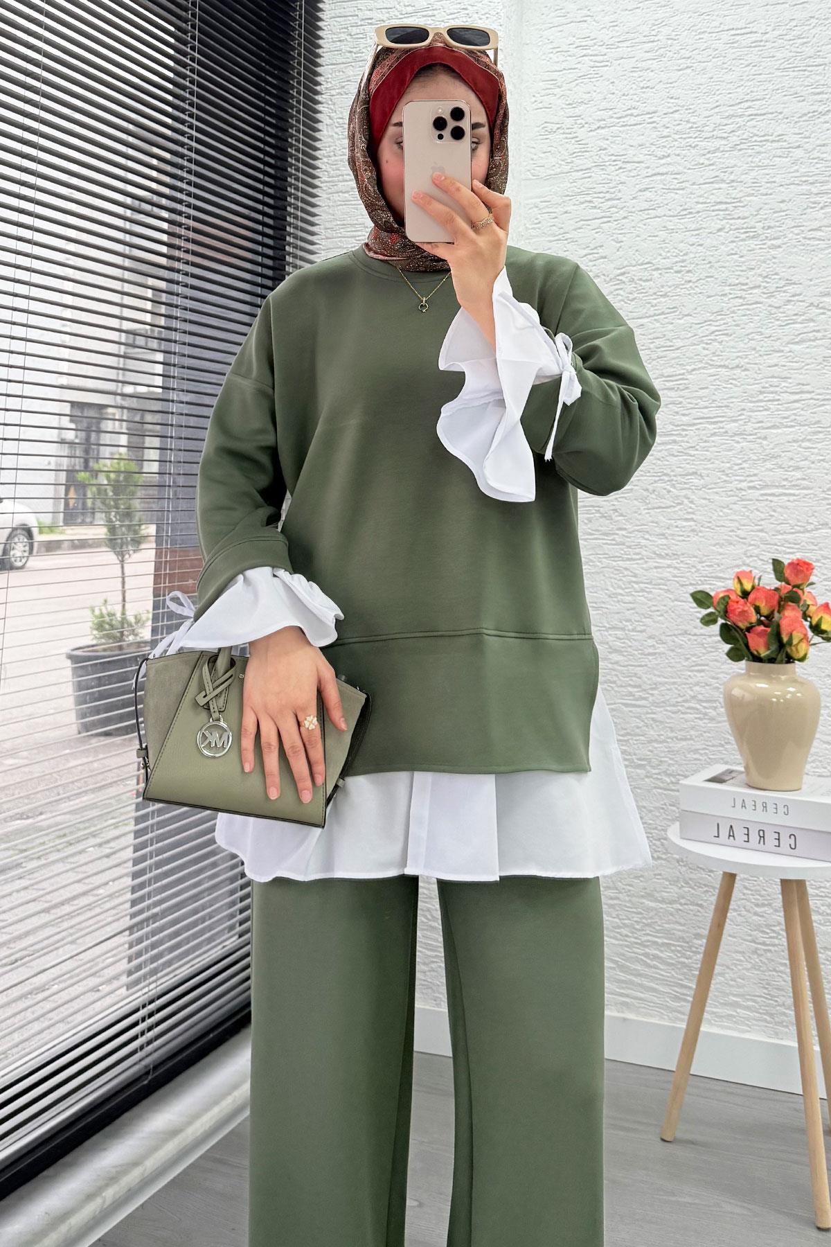 Volan Kollu Gömlek Detaylı Kadın İkili Takım - Haki