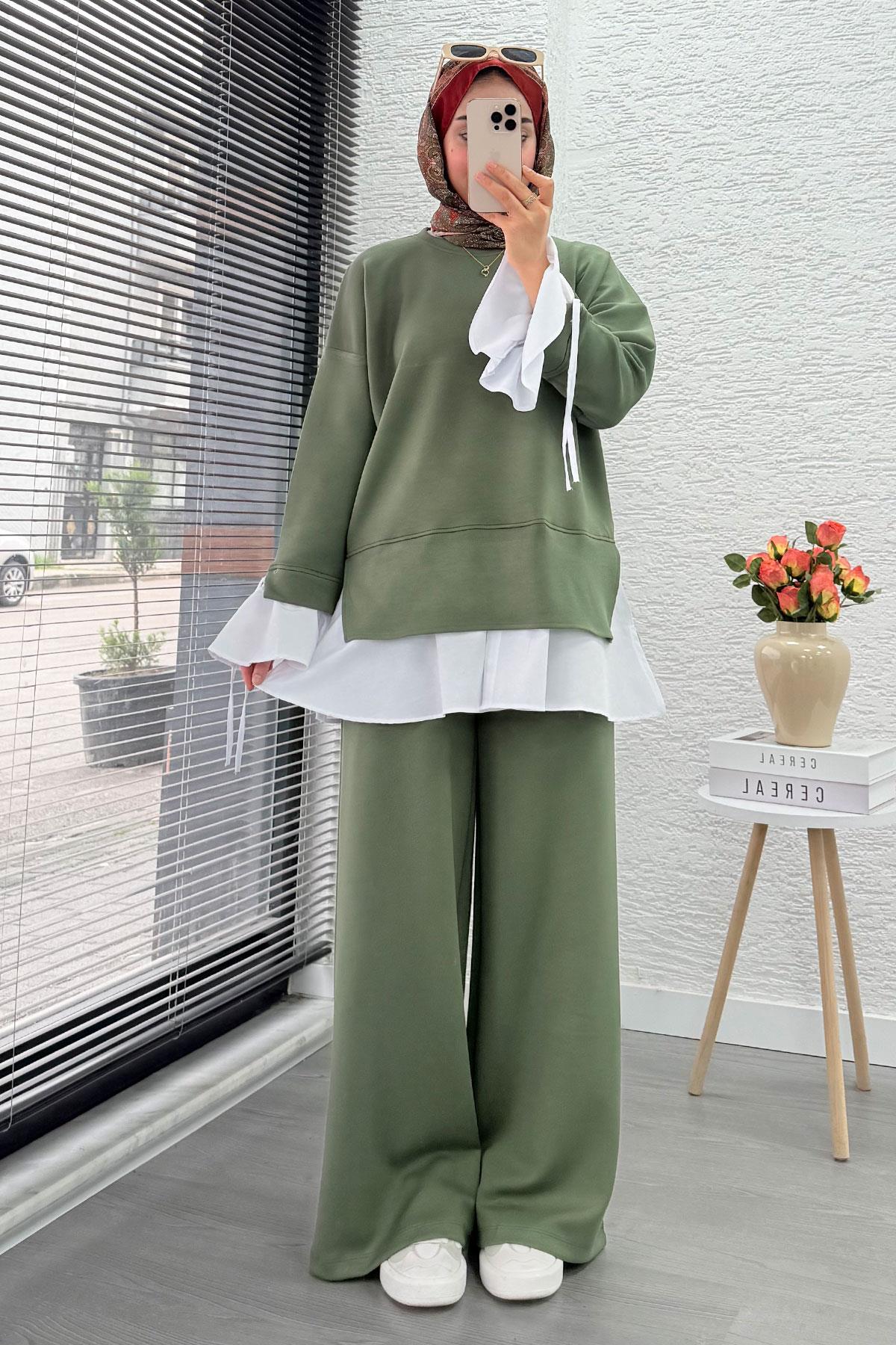 Volan Kollu Gömlek Detaylı Kadın İkili Takım - Haki