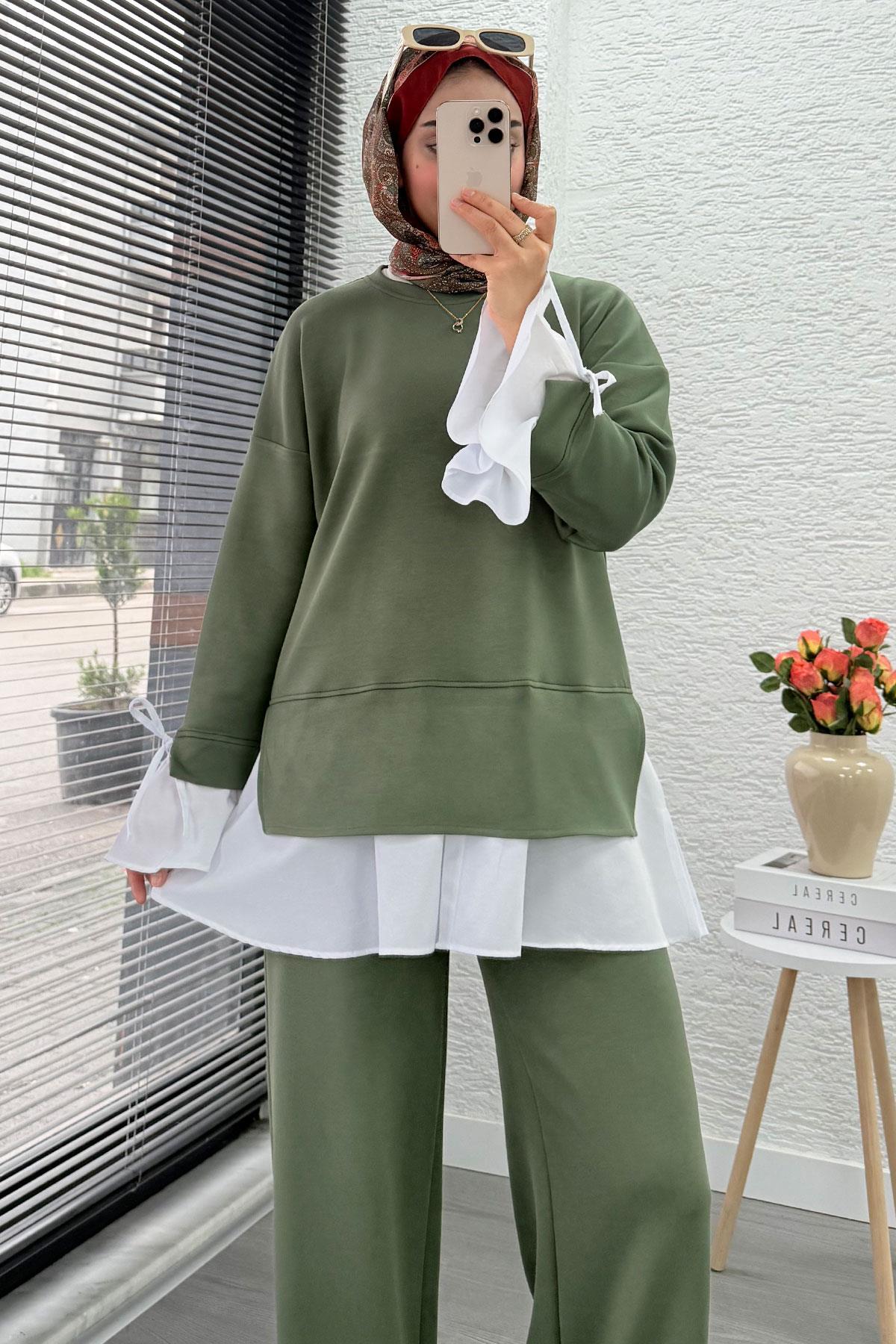 Volan Kollu Gömlek Detaylı Kadın İkili Takım - Haki