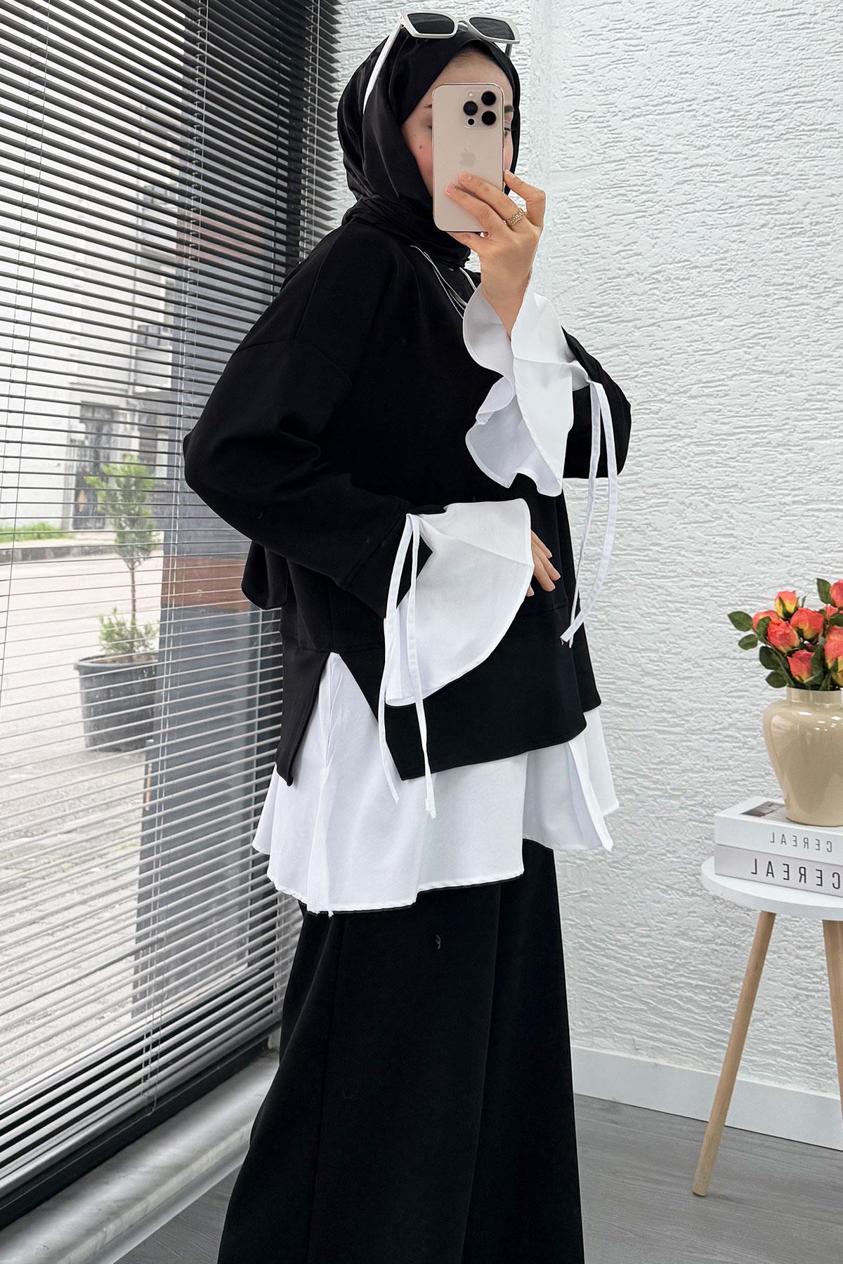 Volan Kollu Gömlek Detaylı Kadın İkili Takım - Siyah