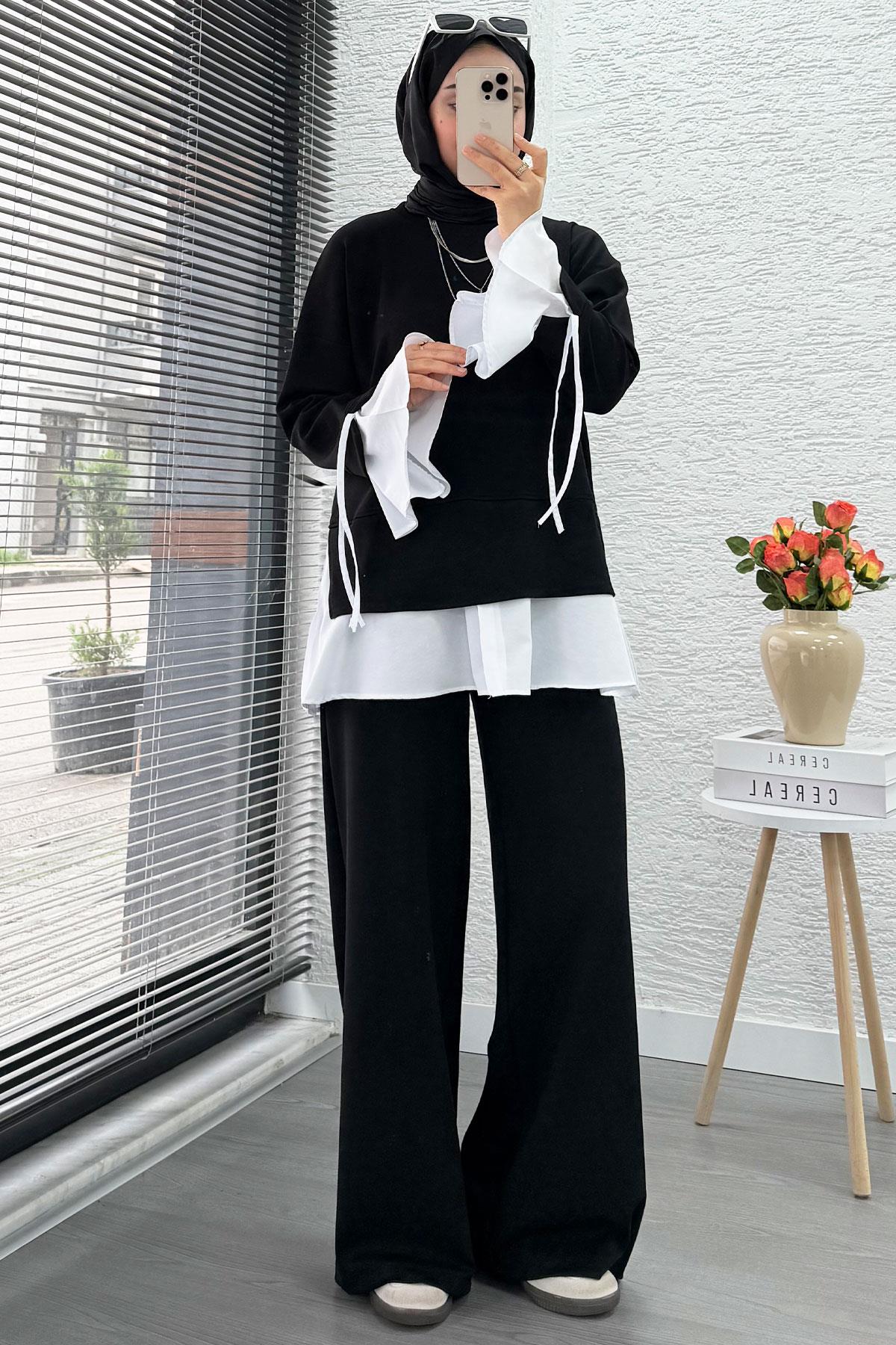 Volan Kollu Gömlek Detaylı Kadın İkili Takım - Siyah