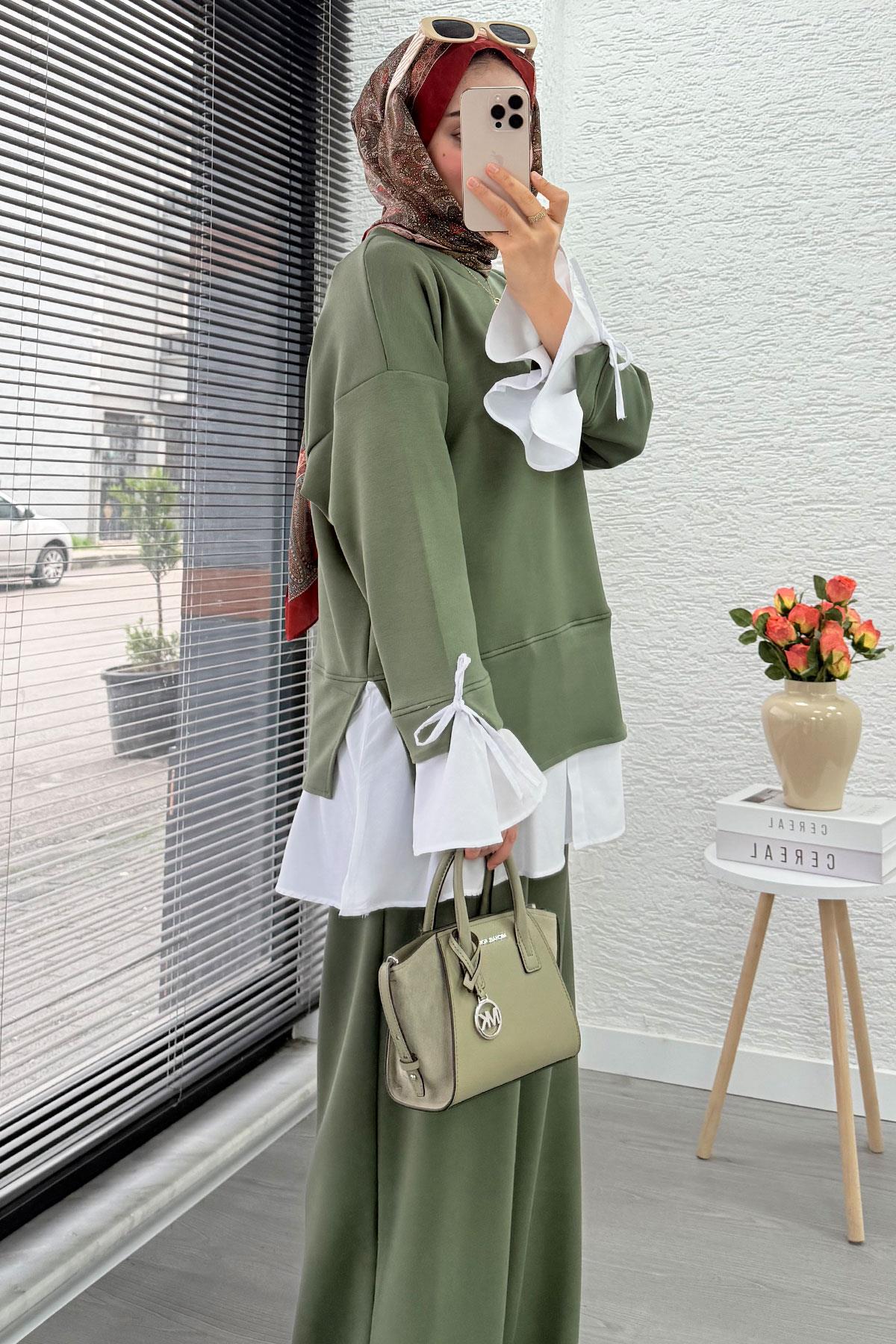 Volan Kollu Gömlek Detaylı Kadın İkili Takım - Haki