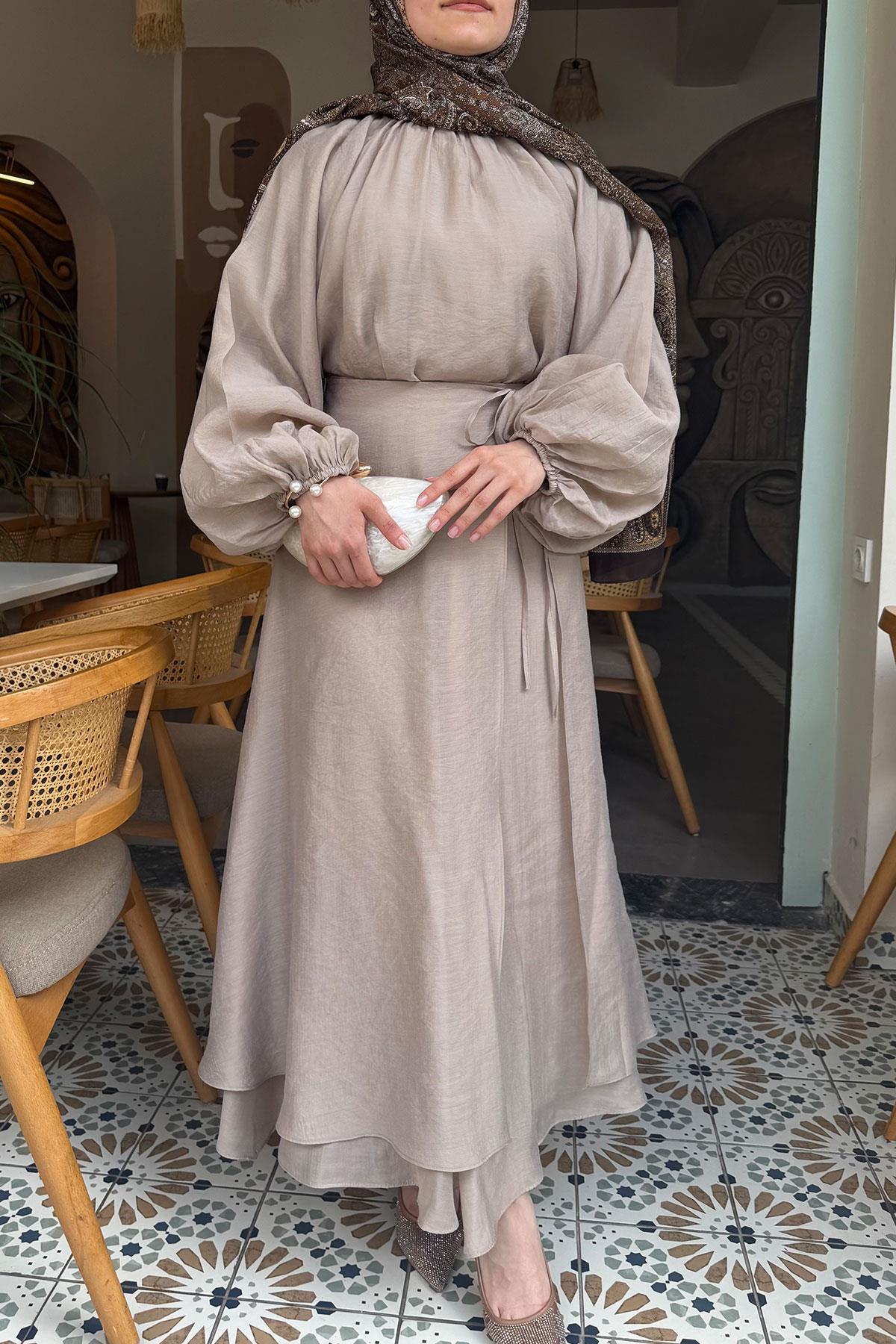 Vuala Bağlamalı Bluz Etek Takım-Bej