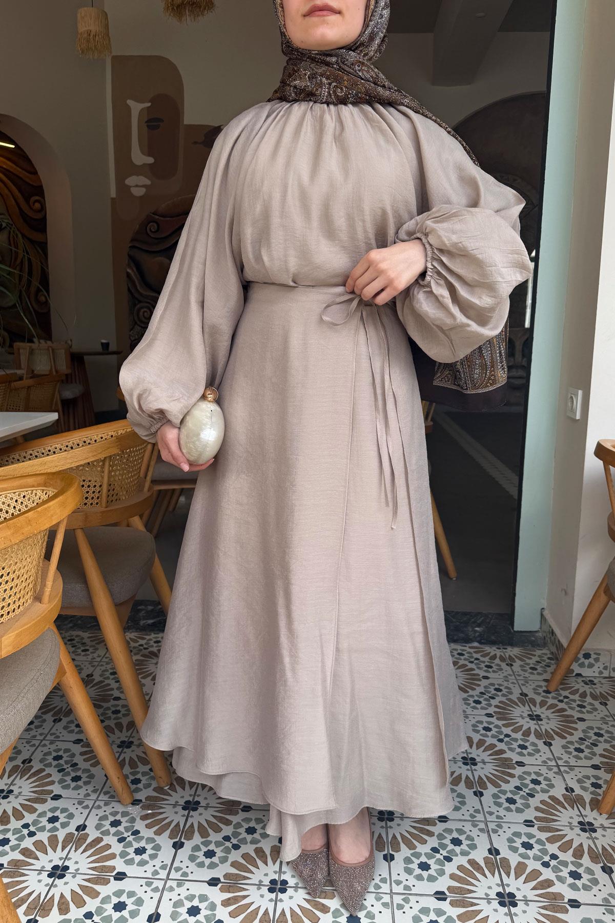 Vuala Bağlamalı Bluz Etek Takım-Bej