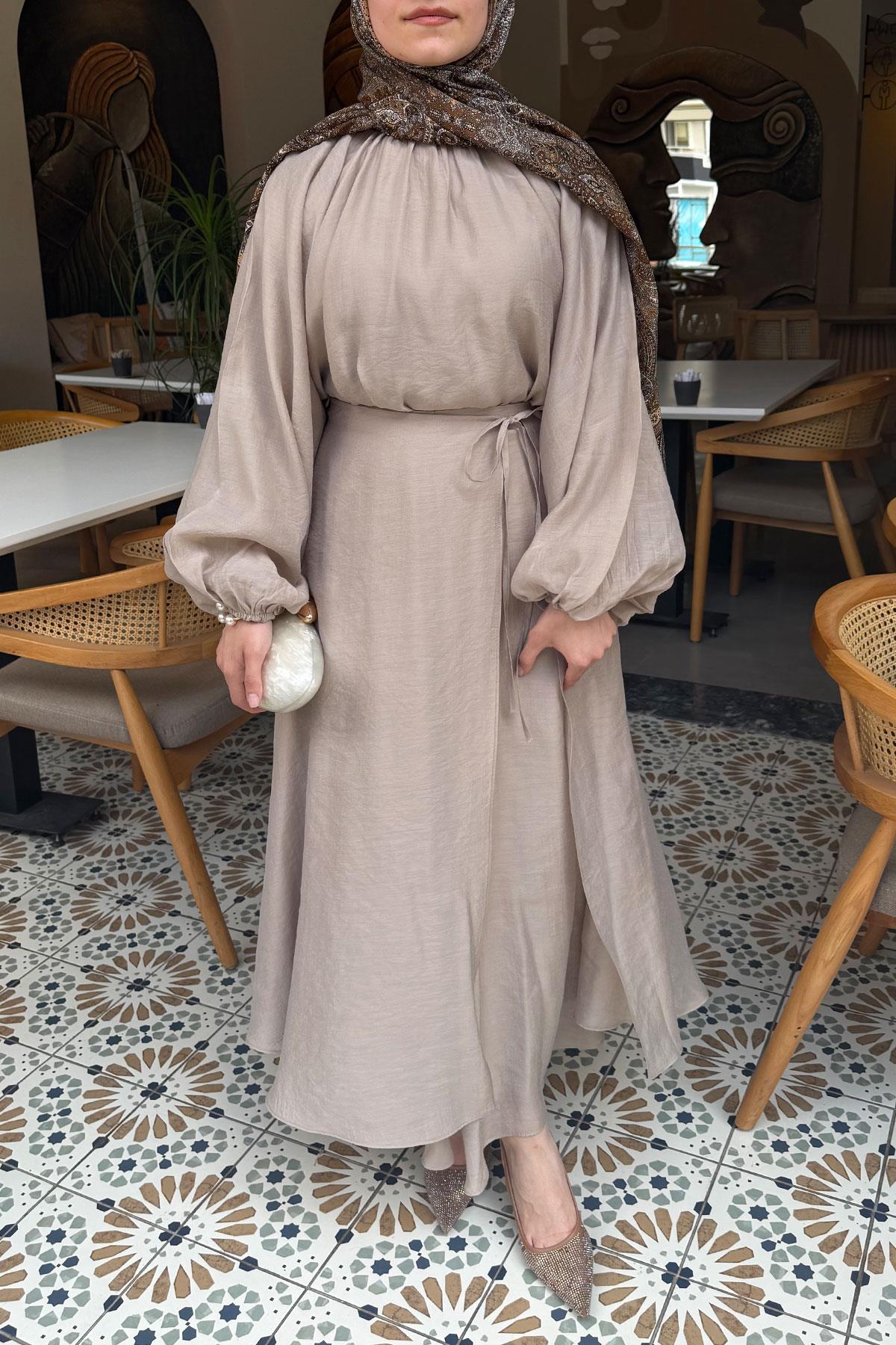 Vuala Bağlamalı Bluz Etek Takım-Bej