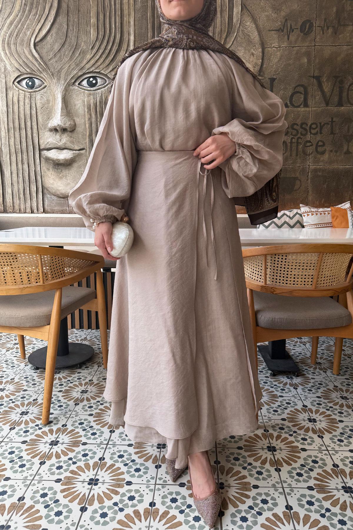 Vuala Bağlamalı Bluz Etek Takım-Bej