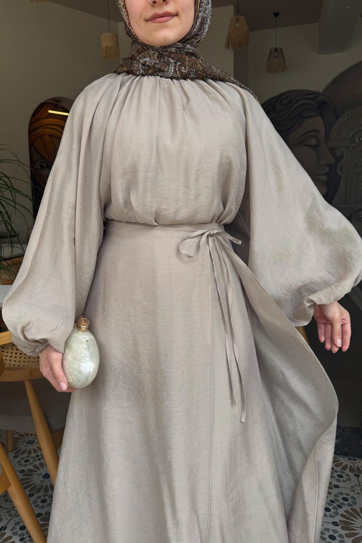 Vuala Bağlamalı Bluz Etek Takım-Bej