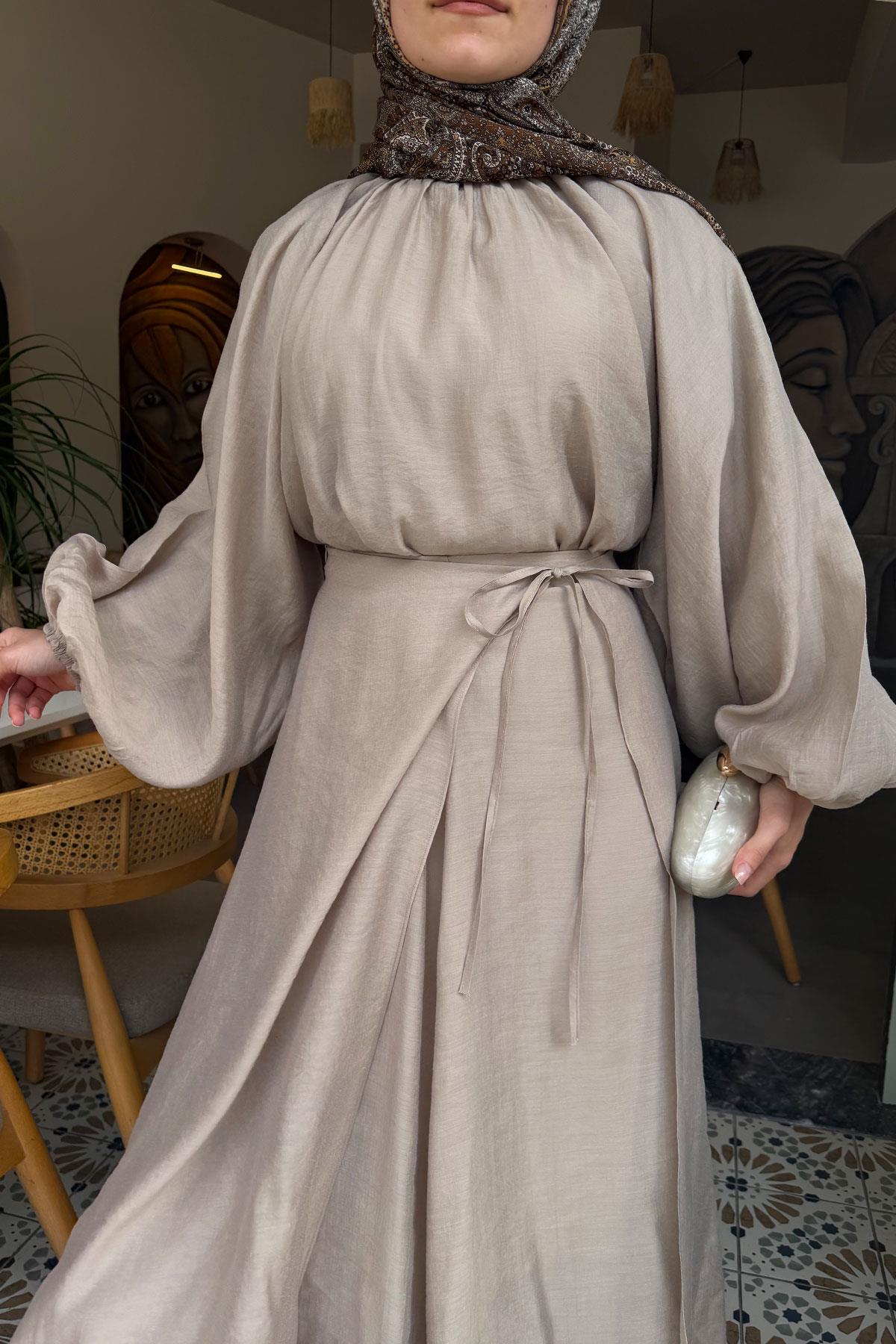 Vuala Bağlamalı Bluz Etek Takım-Bej