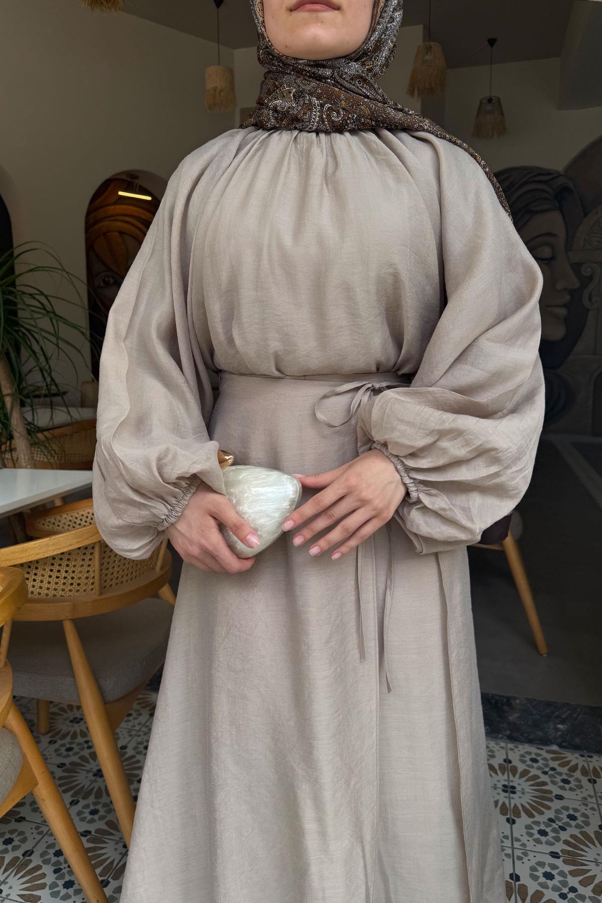 Vuala Bağlamalı Bluz Etek Takım-Bej