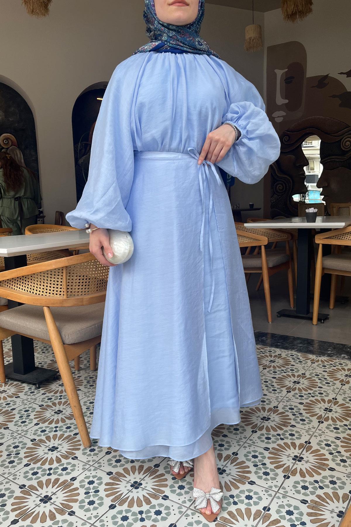 Vuala Bağlamalı Bluz Etek Takım-Mavi