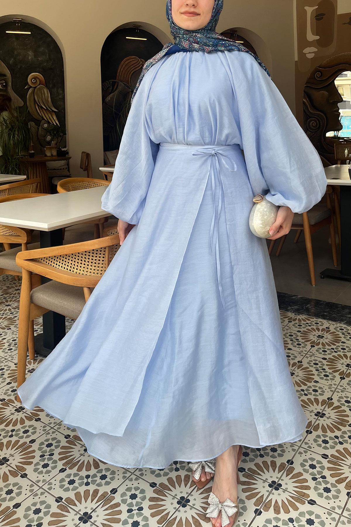 Vuala Bağlamalı Bluz Etek Takım-Mavi