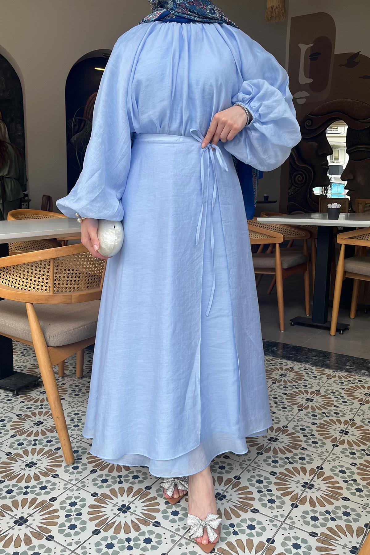 Vuala Bağlamalı Bluz Etek Takım-Mavi