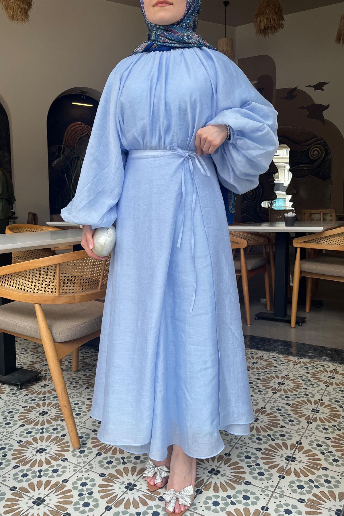 Vuala Bağlamalı Bluz Etek Takım-Mavi