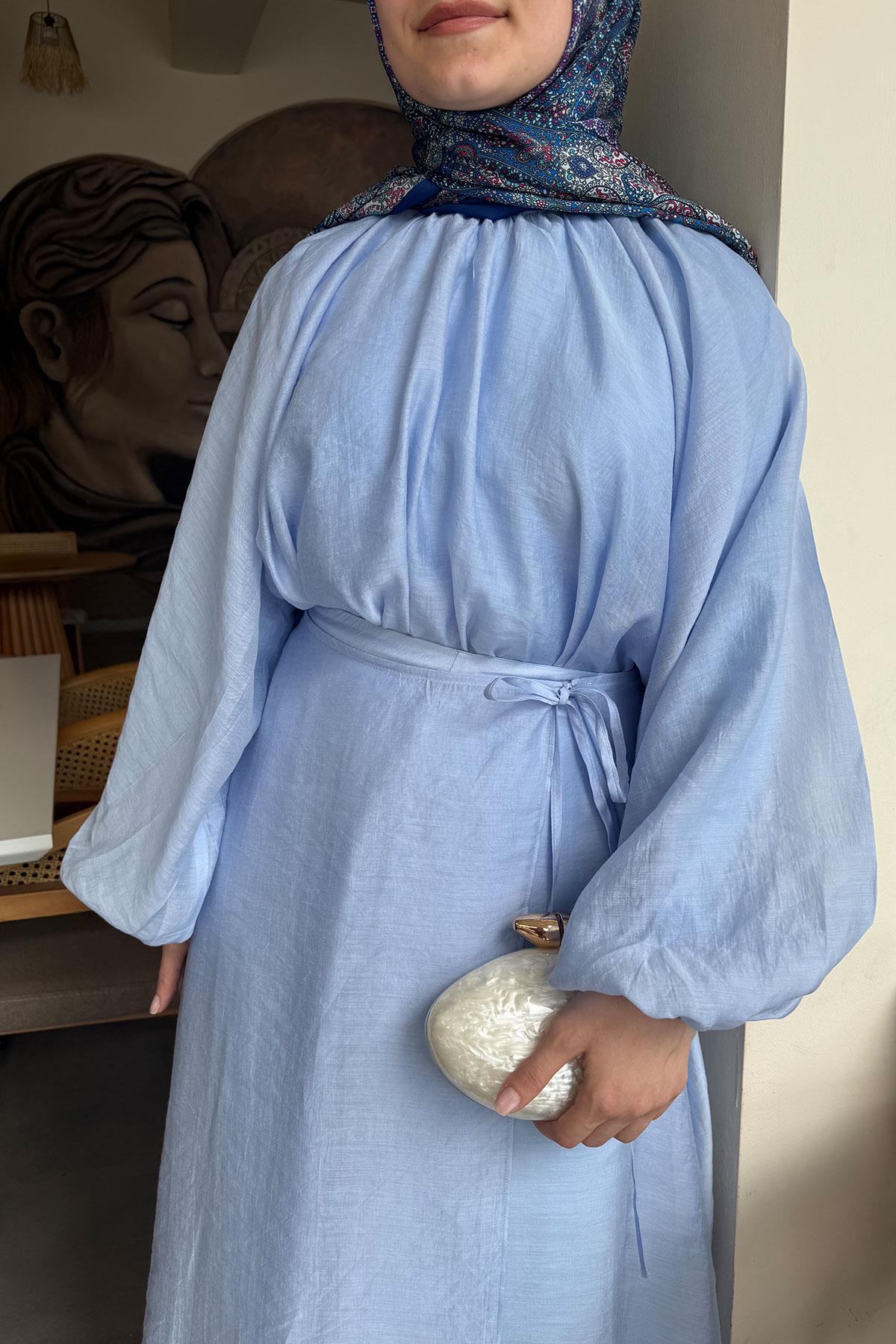 Vuala Bağlamalı Bluz Etek Takım-Mavi