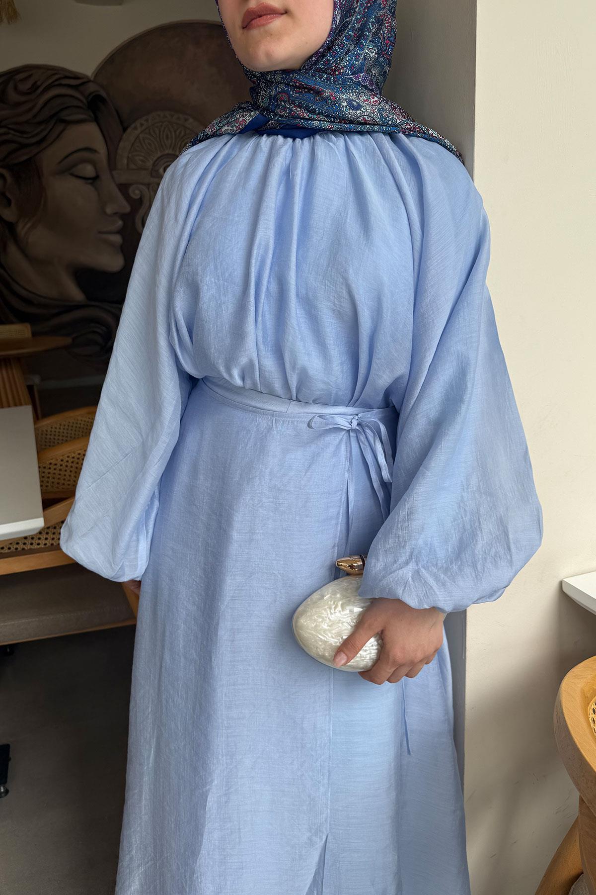 Vuala Bağlamalı Bluz Etek Takım-Mavi