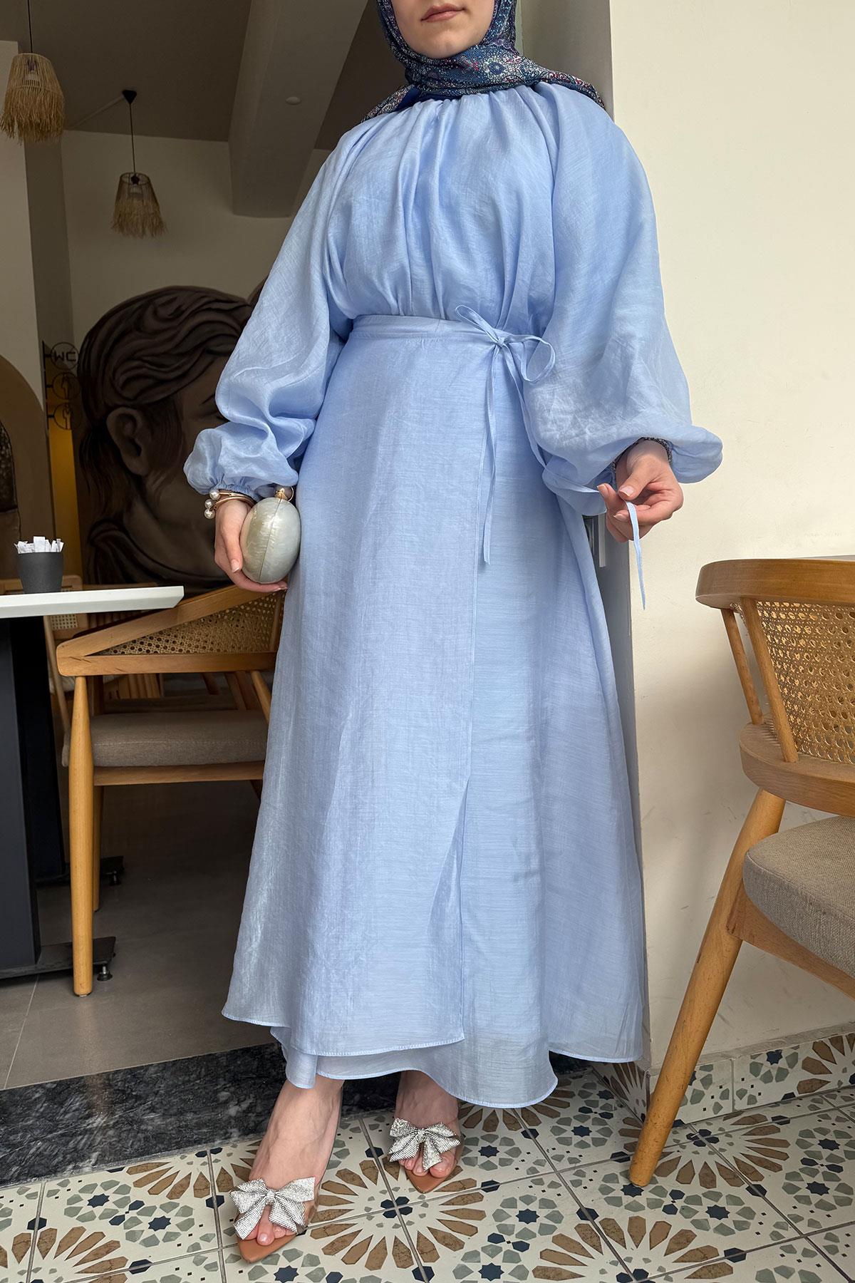 Vuala Bağlamalı Bluz Etek Takım-Mavi