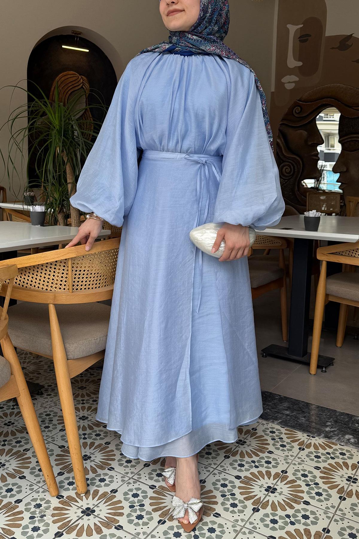 Vuala Bağlamalı Bluz Etek Takım-Mavi