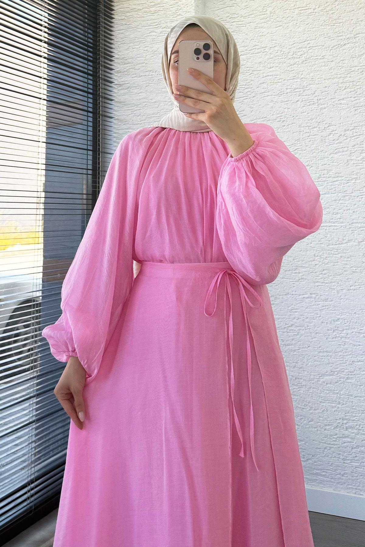 Vuala Bağlamalı Bluz Etek Takım-Pembe