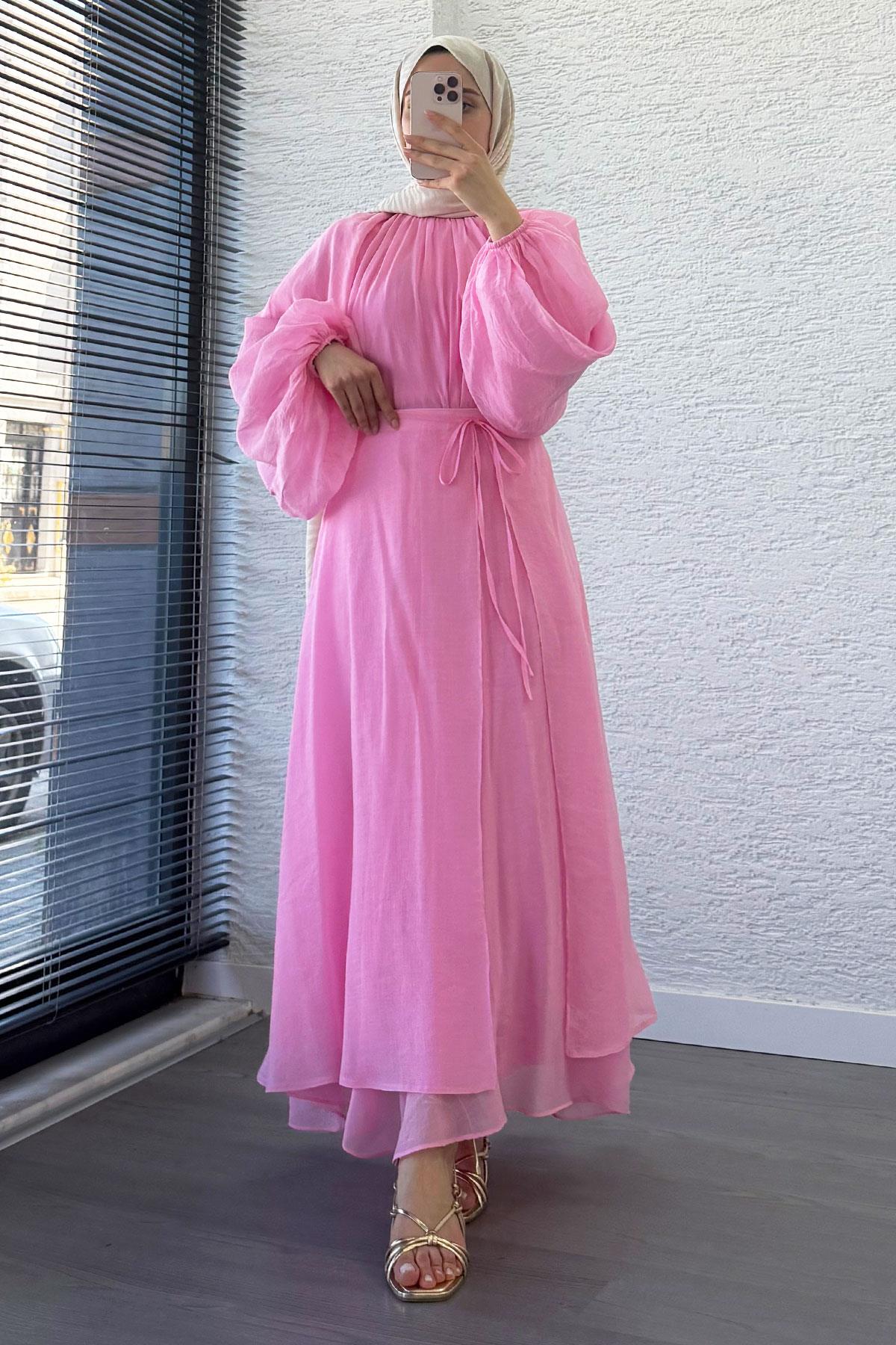 Vuala Bağlamalı Bluz Etek Takım-Pembe