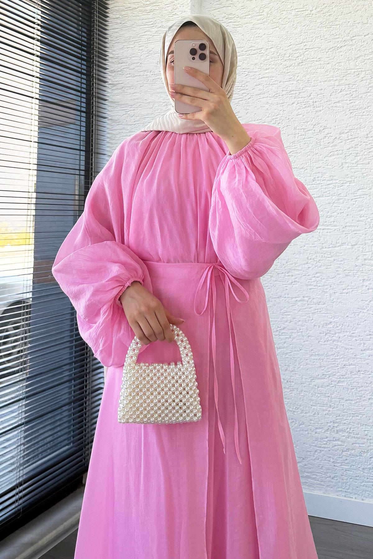 Vuala Bağlamalı Bluz Etek Takım-Pembe