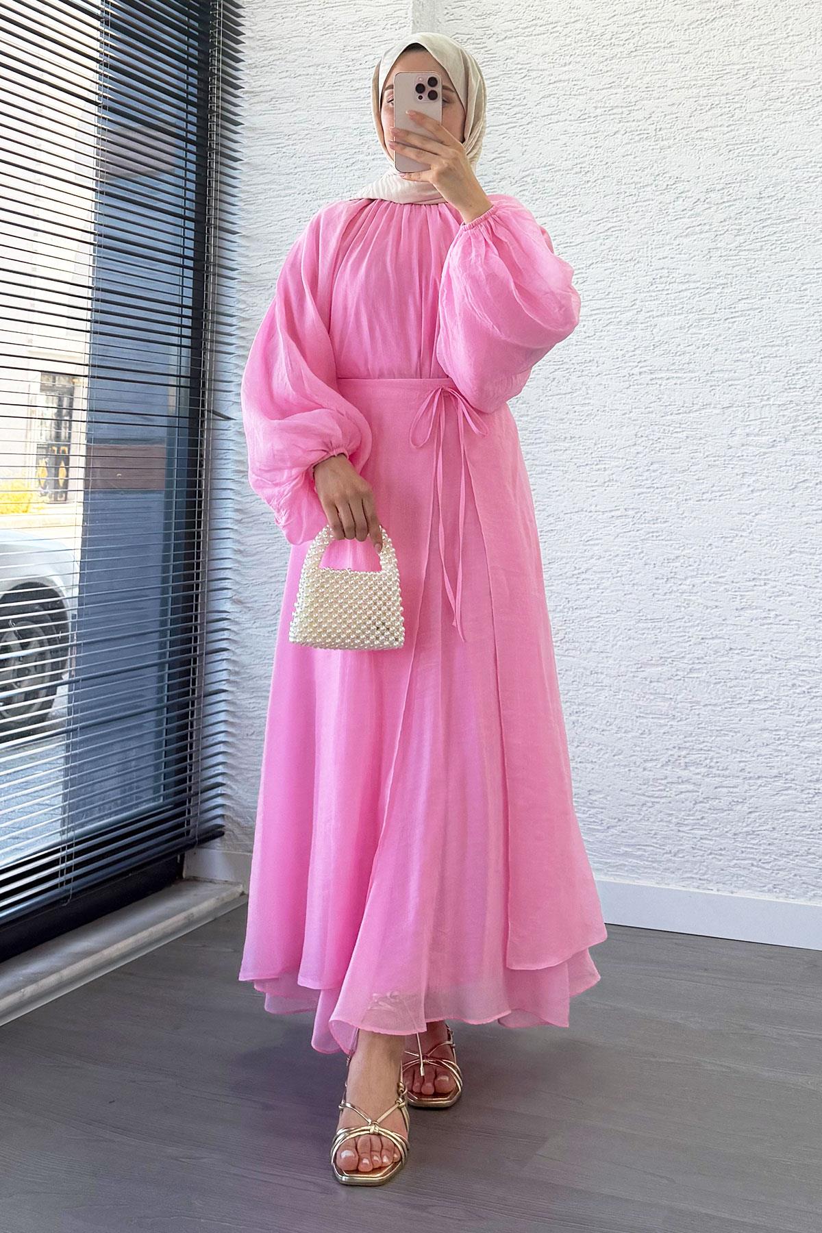 Vuala Bağlamalı Bluz Etek Takım-Pembe