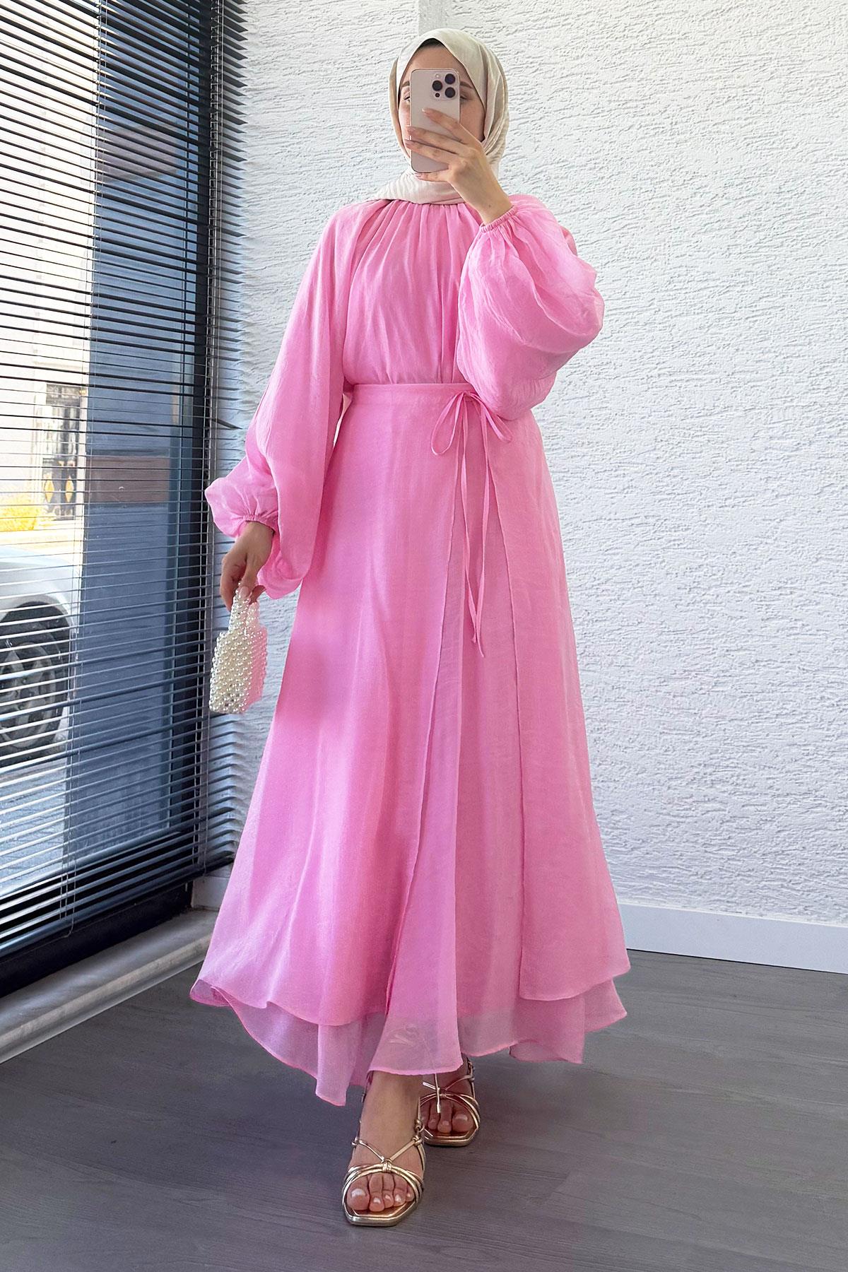 Vuala Bağlamalı Bluz Etek Takım-Pembe