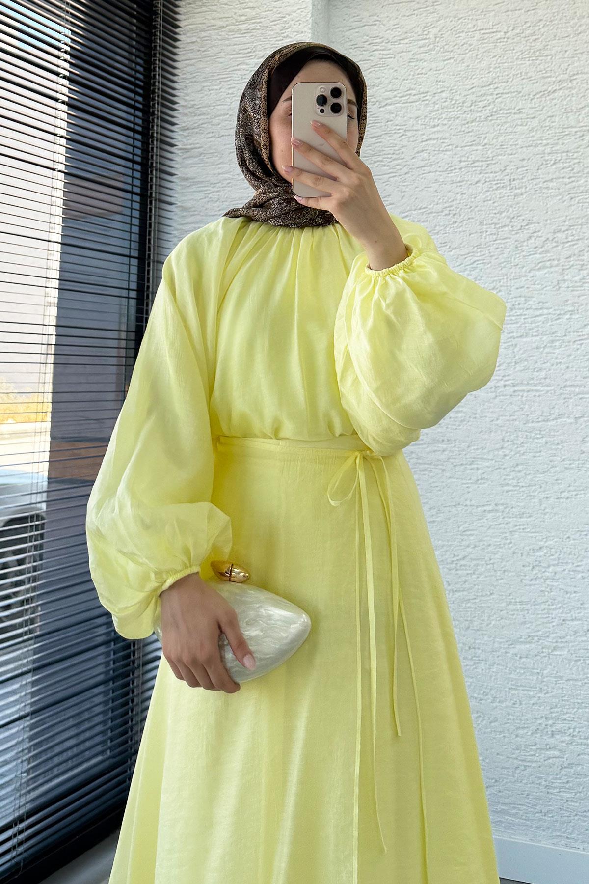 Vuala Bağlamalı Bluz Etek Takım-Sarı