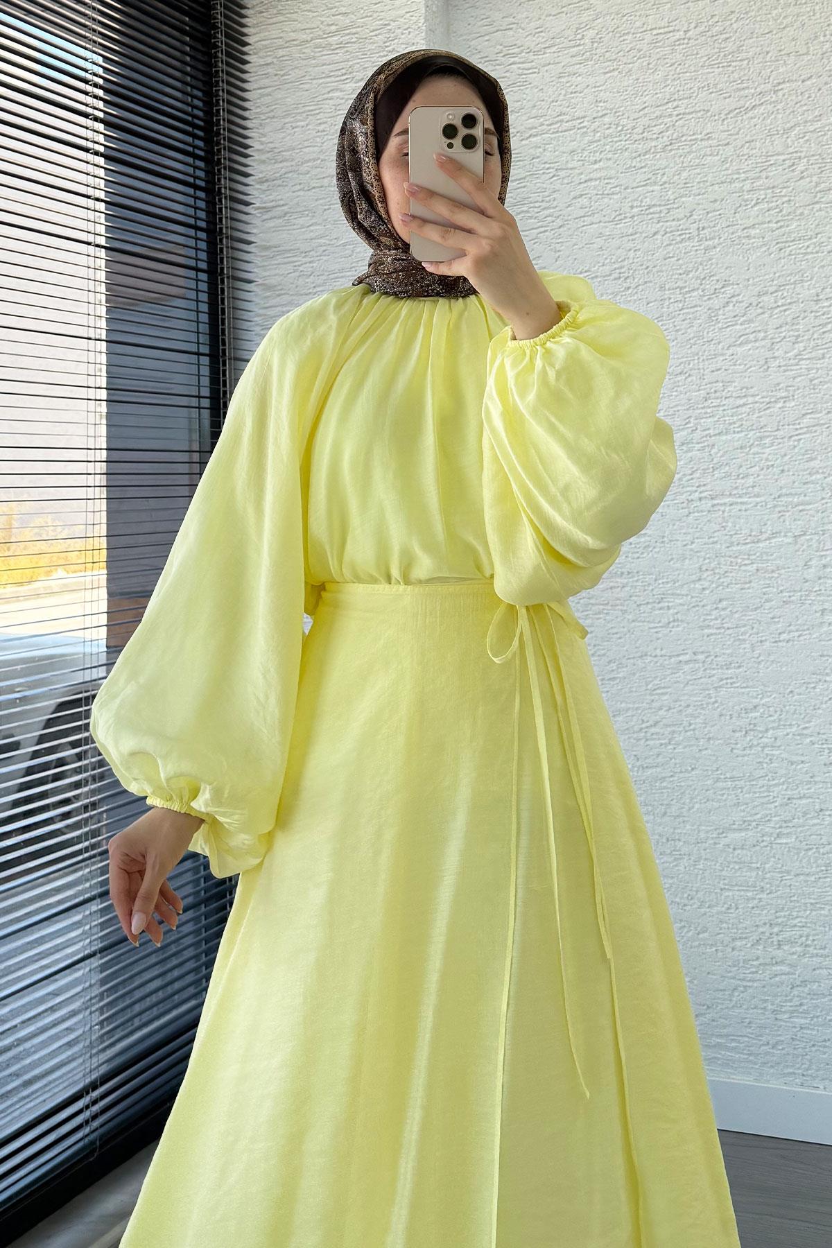 Vuala Bağlamalı Bluz Etek Takım-Sarı