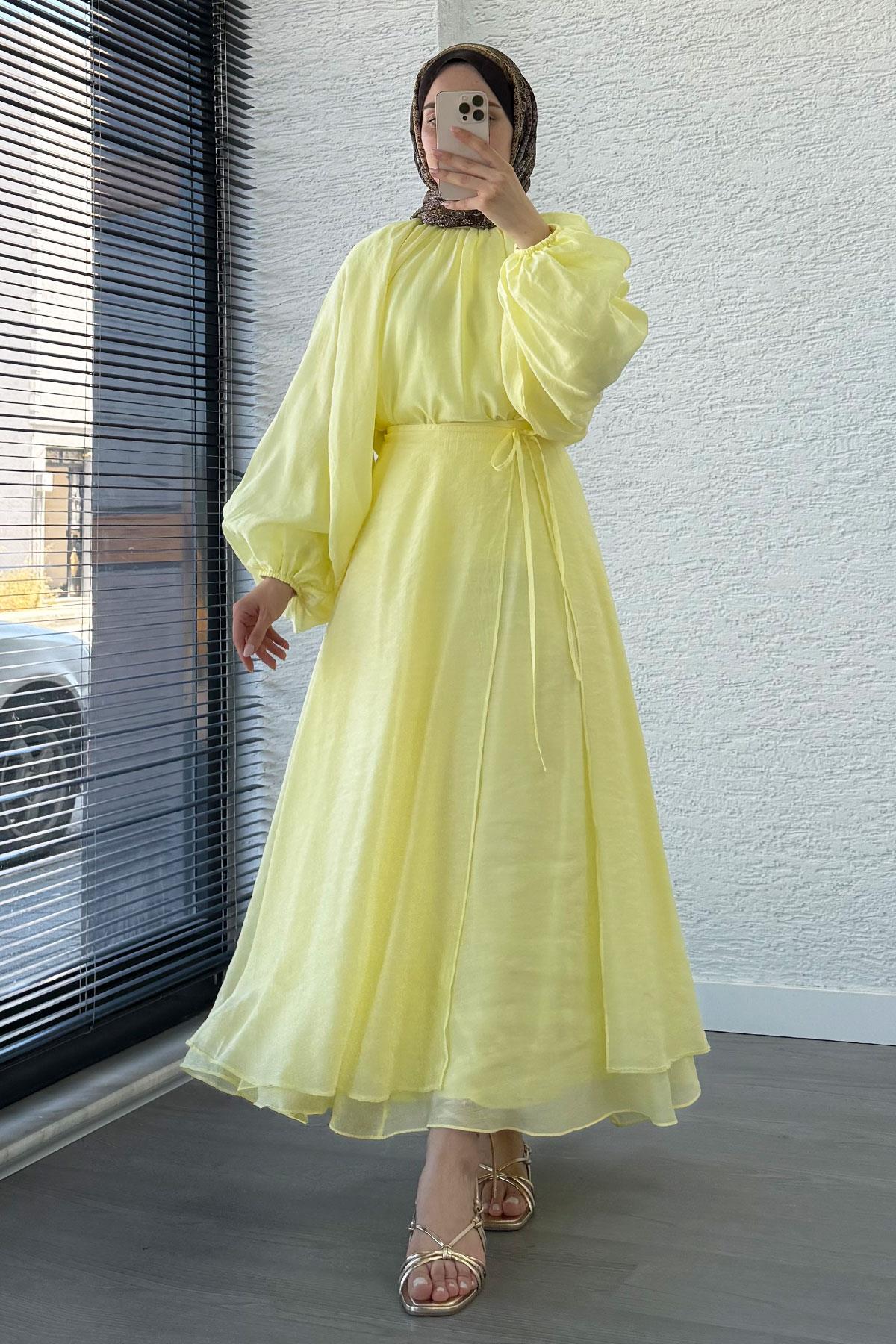 Vuala Bağlamalı Bluz Etek Takım-Sarı