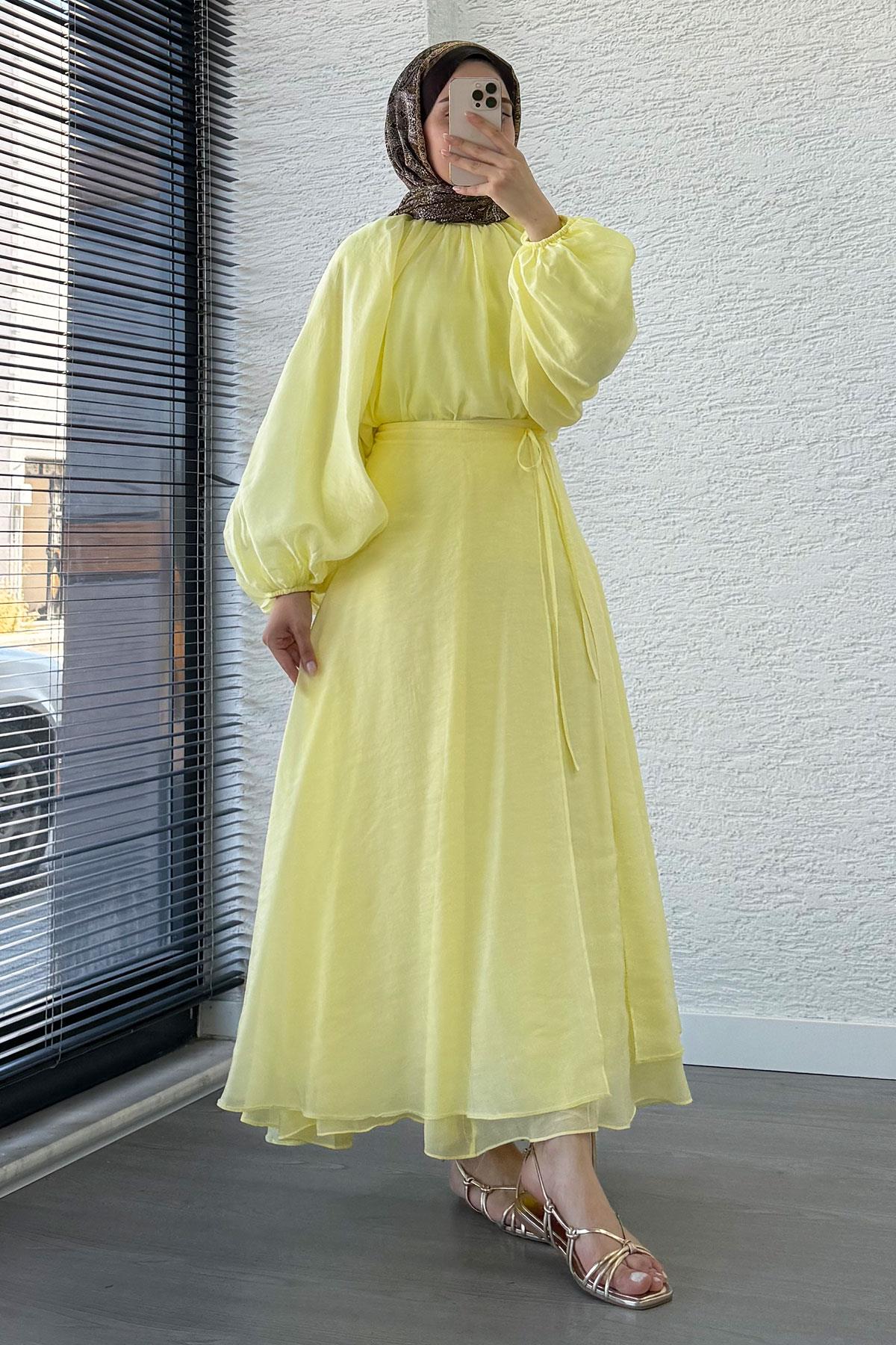 Vuala Bağlamalı Bluz Etek Takım-Sarı