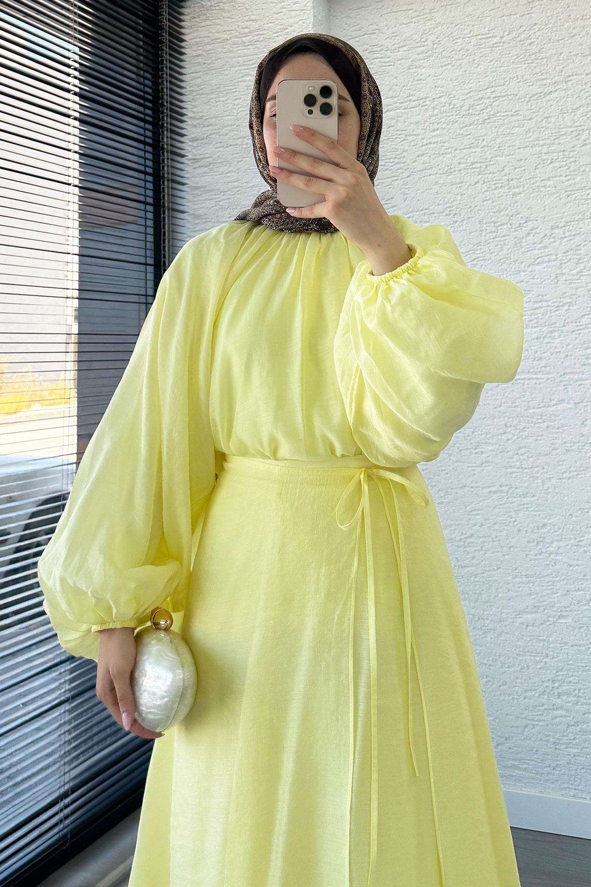 Vuala Bağlamalı Bluz Etek Takım-Sarı