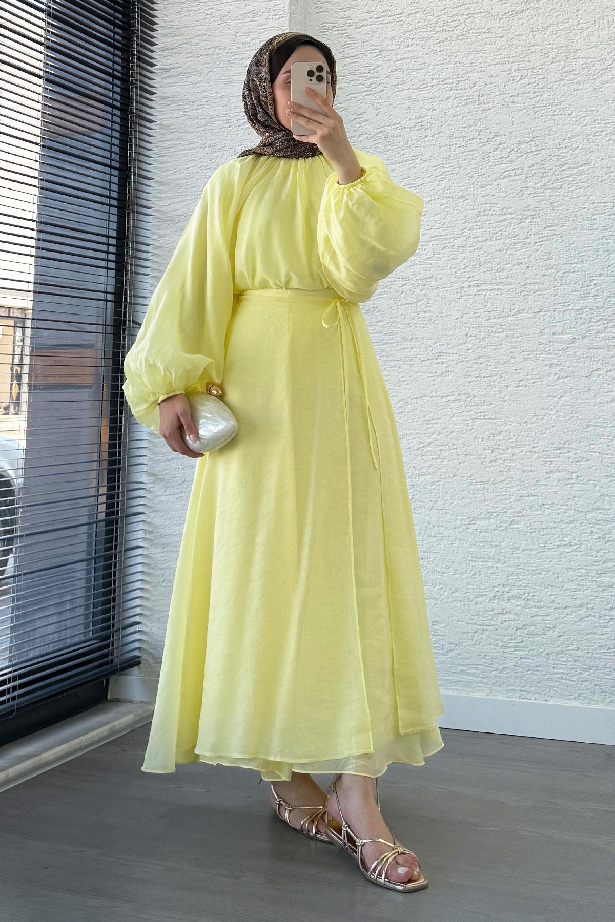 Vuala Bağlamalı Bluz Etek Takım-Sarı