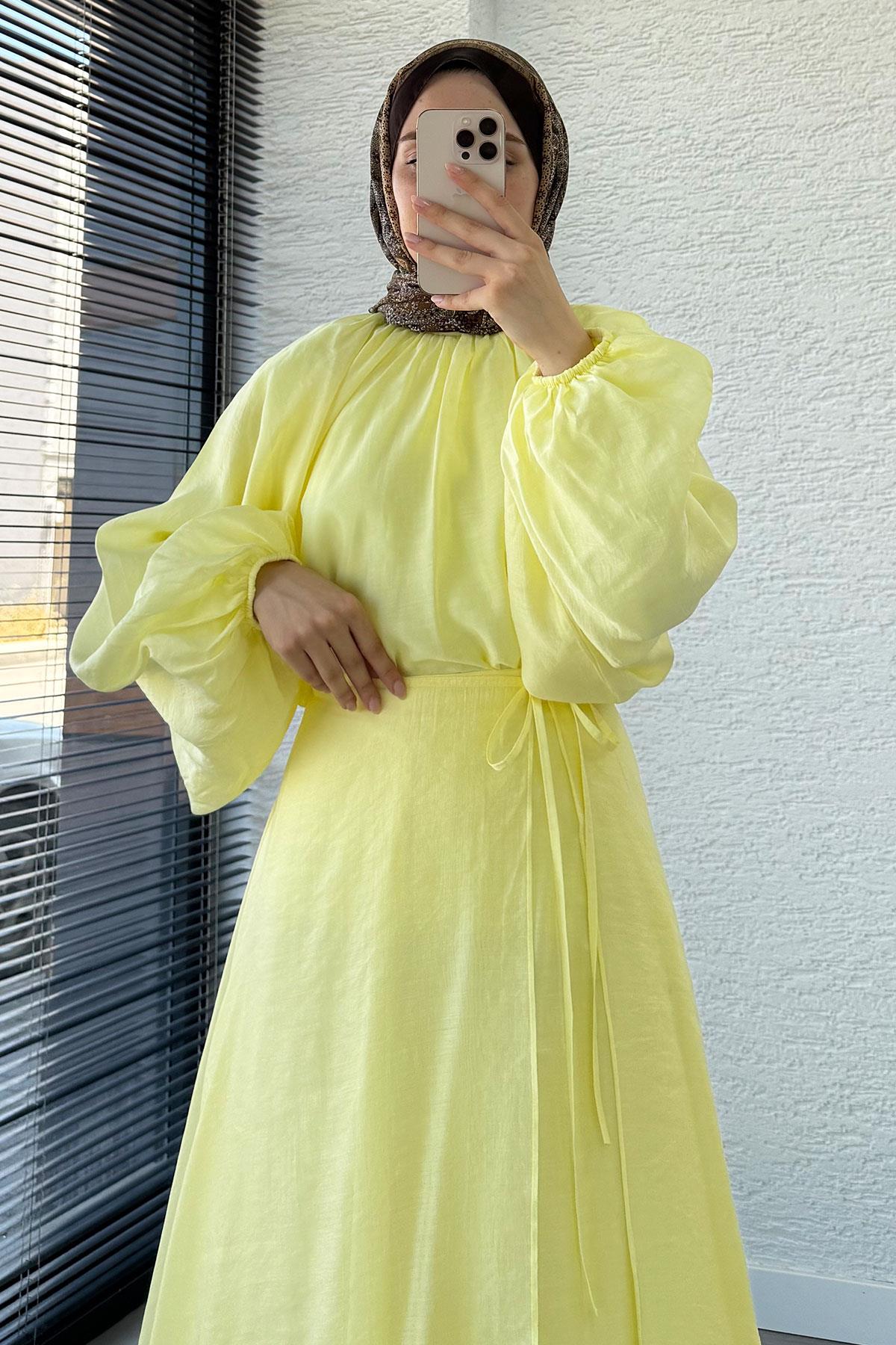 Vuala Bağlamalı Bluz Etek Takım-Sarı