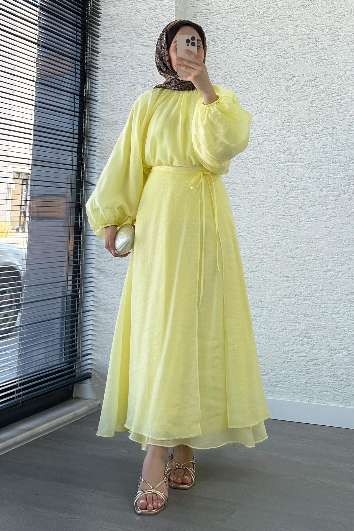 Vuala Bağlamalı Bluz Etek Takım-Sarı