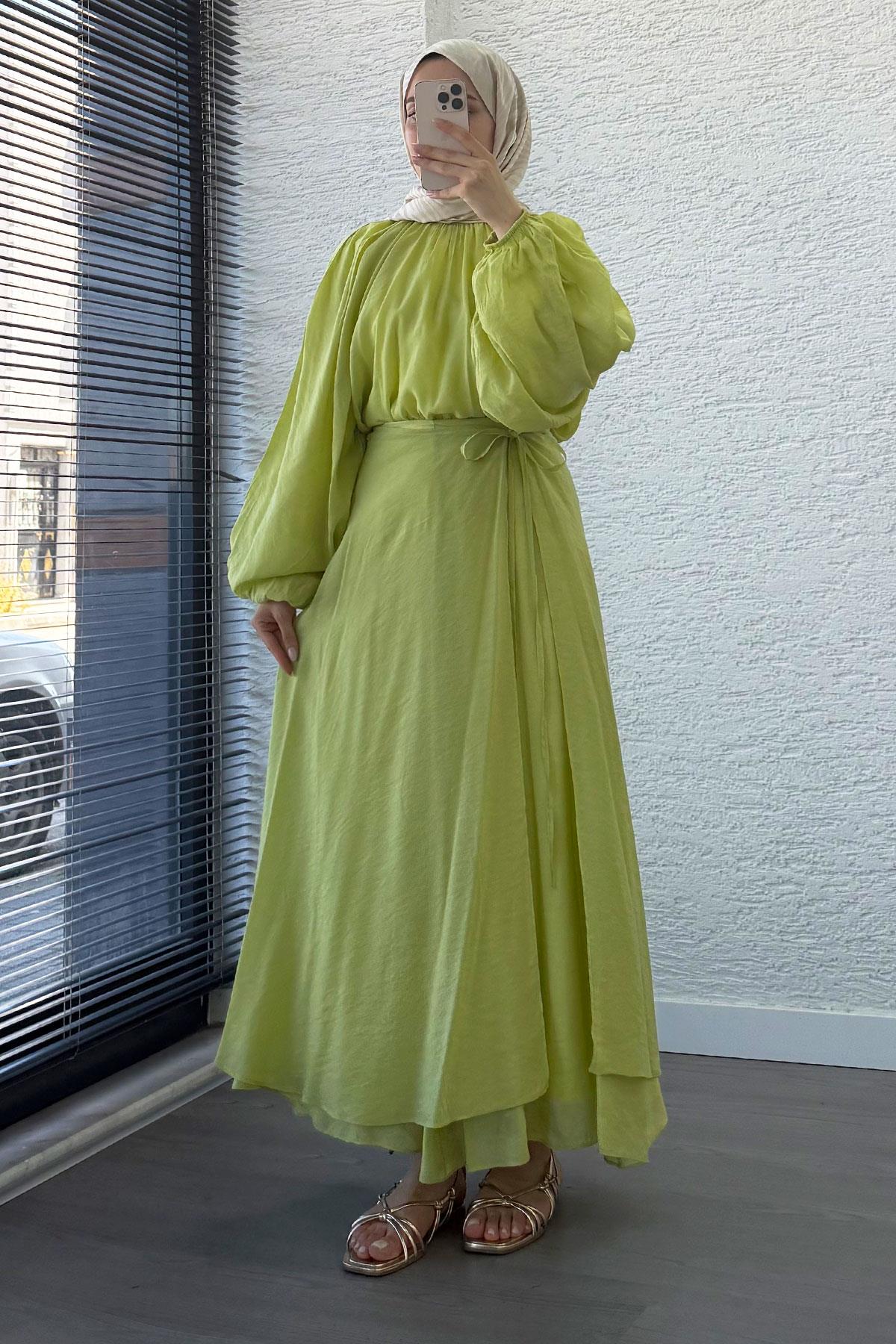 Vuala Bağlamalı Bluz Etek Takım-Yeşil