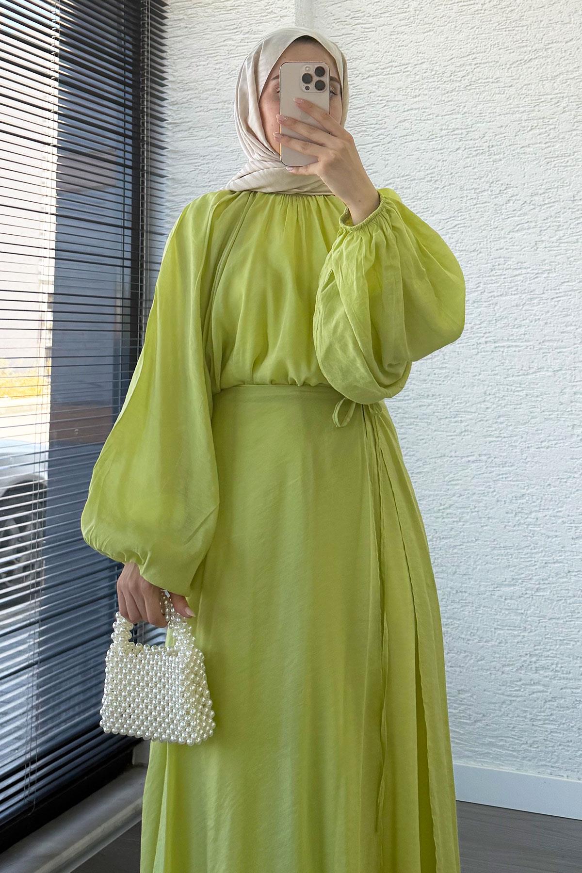 Vuala Bağlamalı Bluz Etek Takım-Yeşil