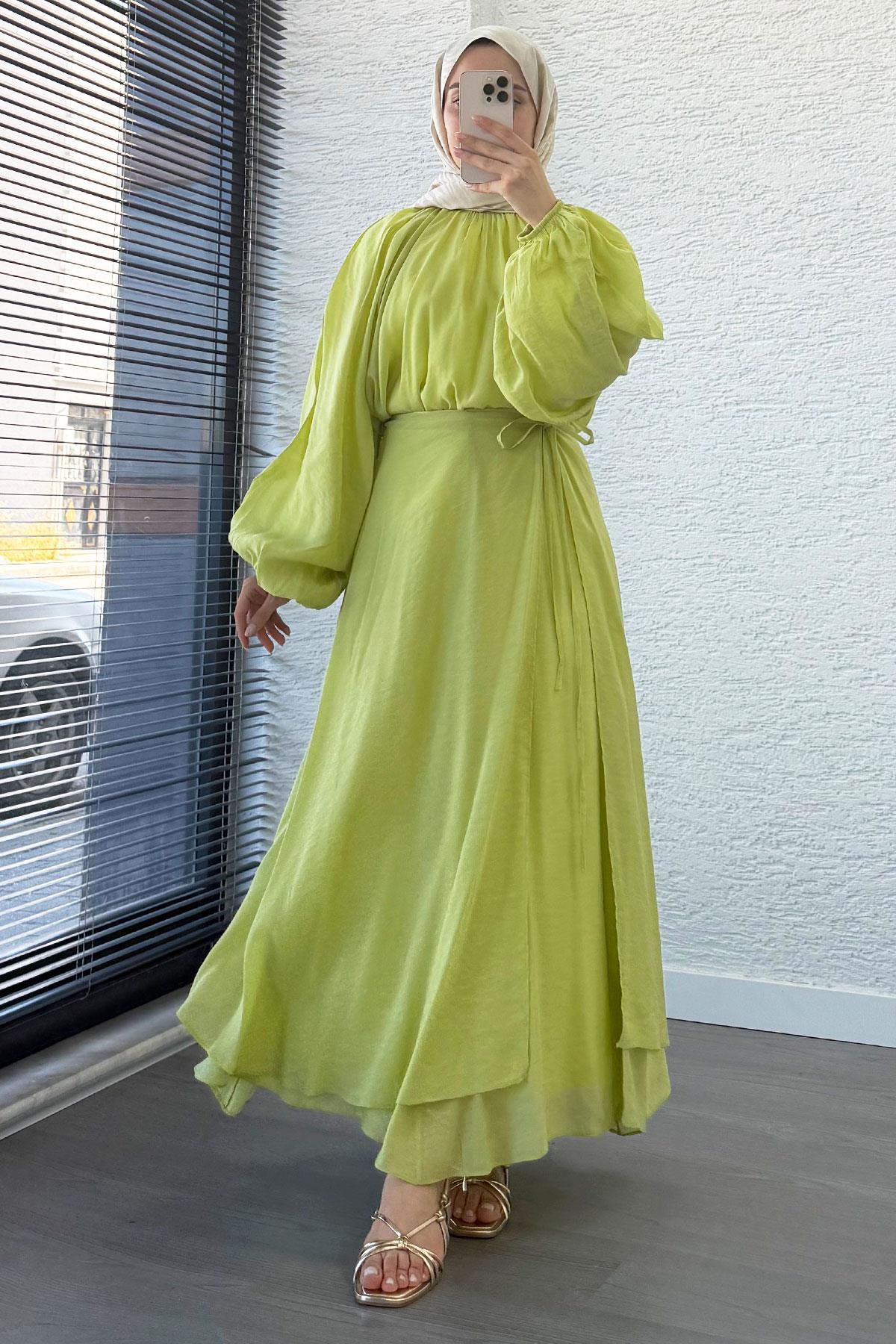 Vuala Bağlamalı Bluz Etek Takım-Yeşil